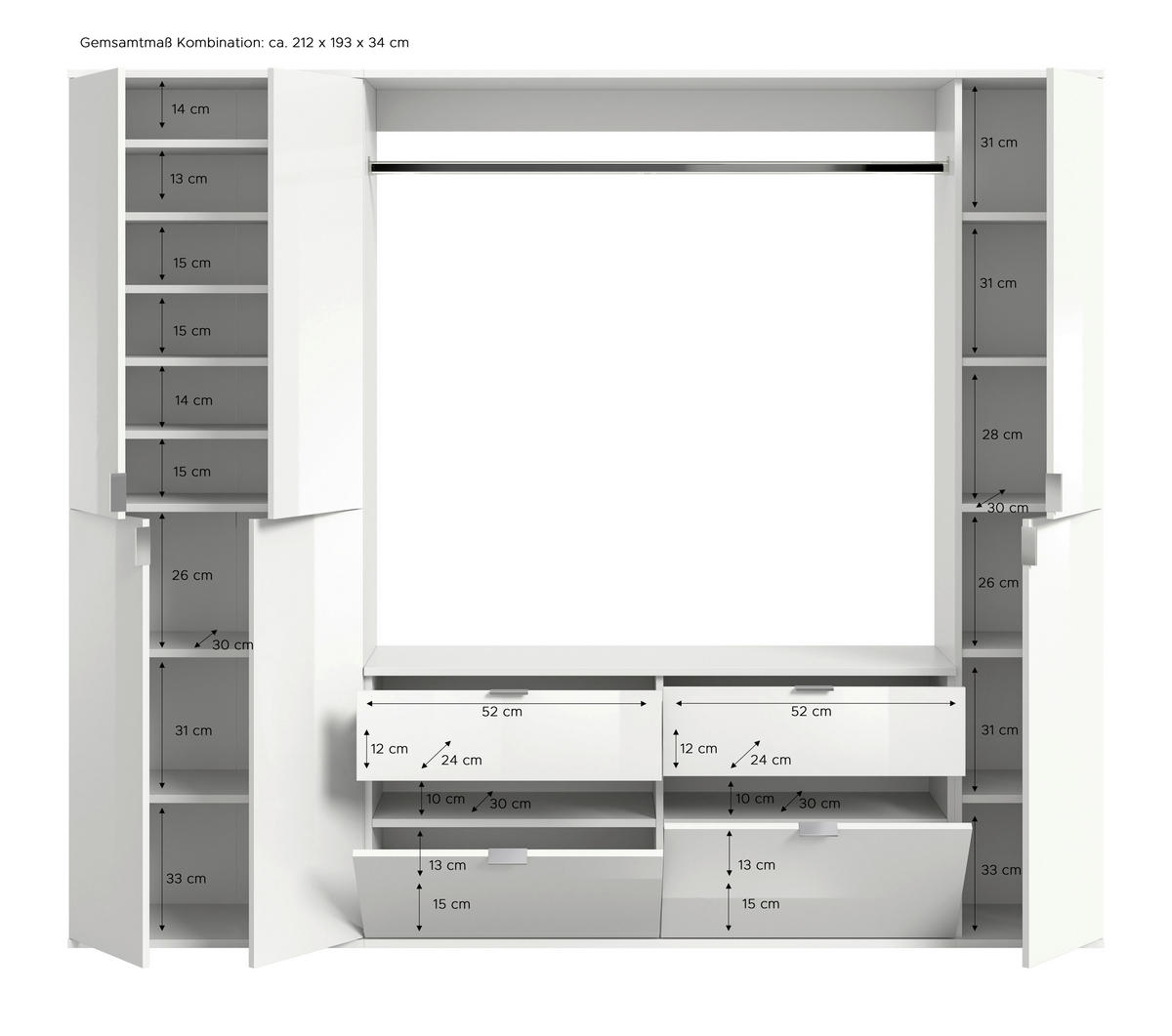 GARDEROBE 3-teilig  in 212/193/34 cm  - KONVENTIONELL, Holzwerkstoff (212/193/34cm) - MID.YOU