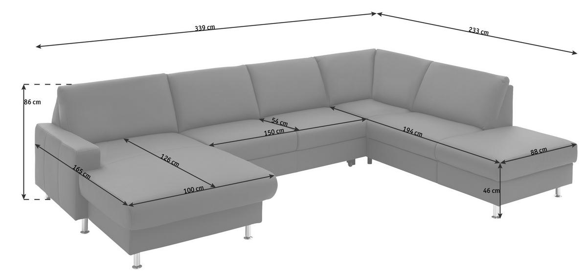 WOHNLANDSCHAFT in Echtleder Hellgrau  - Hellgrau/Alufarben, Design, Leder/Metall (165/339/233cm) - Beldomo Premium