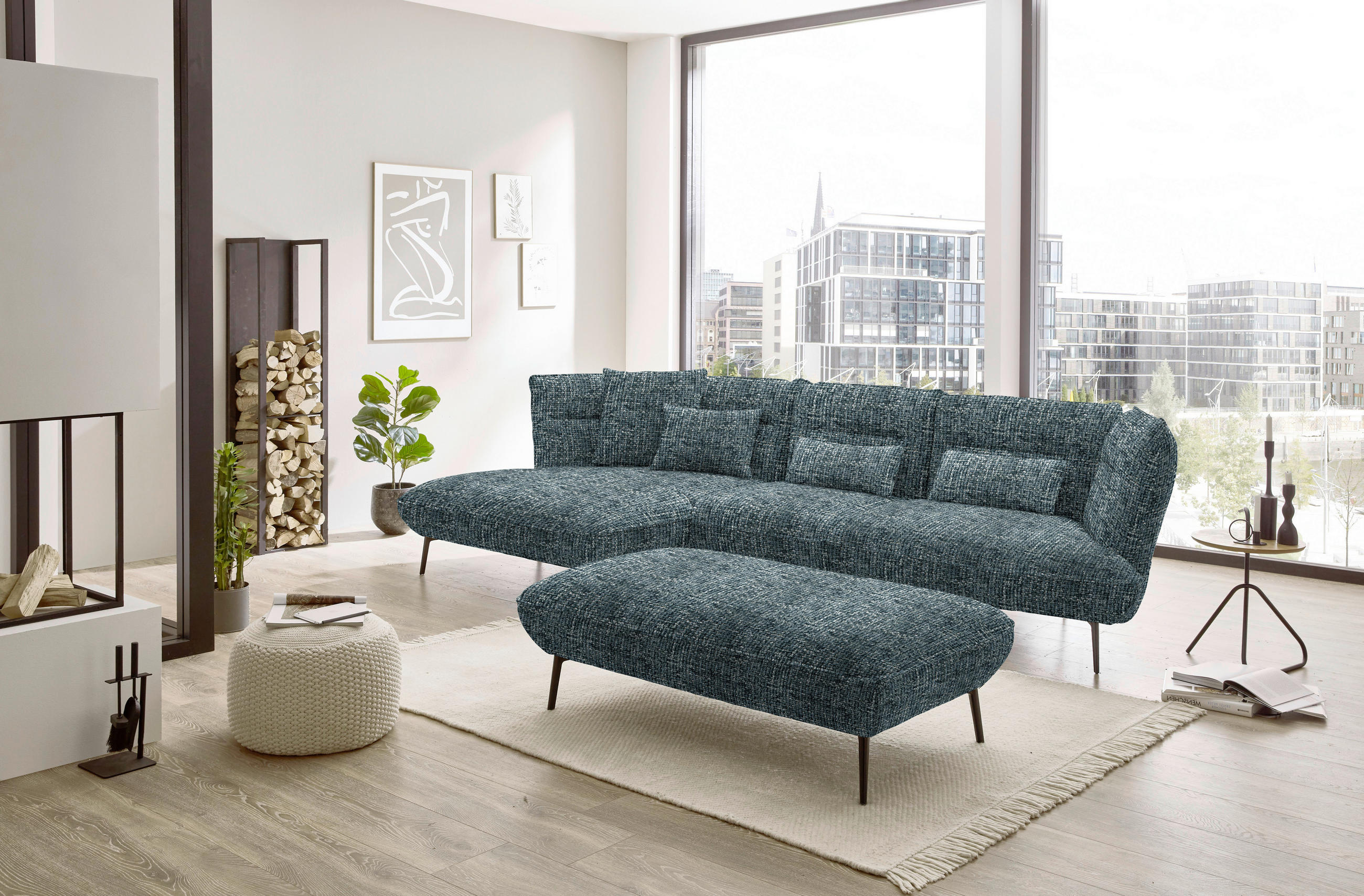 ECKSOFA in Flachgewebe Blaugrau  - Blaugrau/Schwarz, Design, Textil/Metall (153/339cm) - Moderano