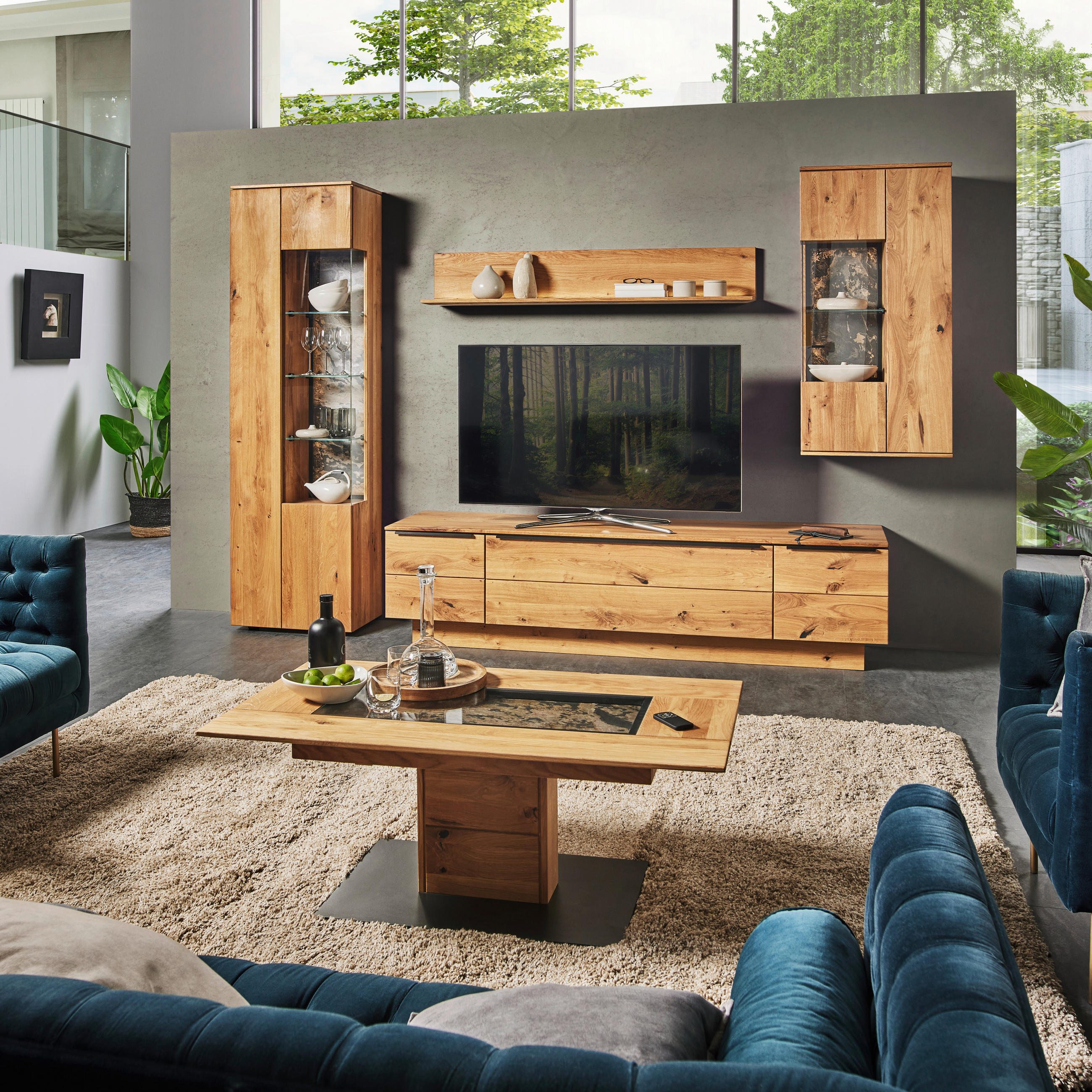 WOHNWAND  in Eichefarben 320/205,7/53,7 cm  - Eichefarben/Schwarz, Natur, Glas/Holz (320/205,7/53,7cm) - Valnatura