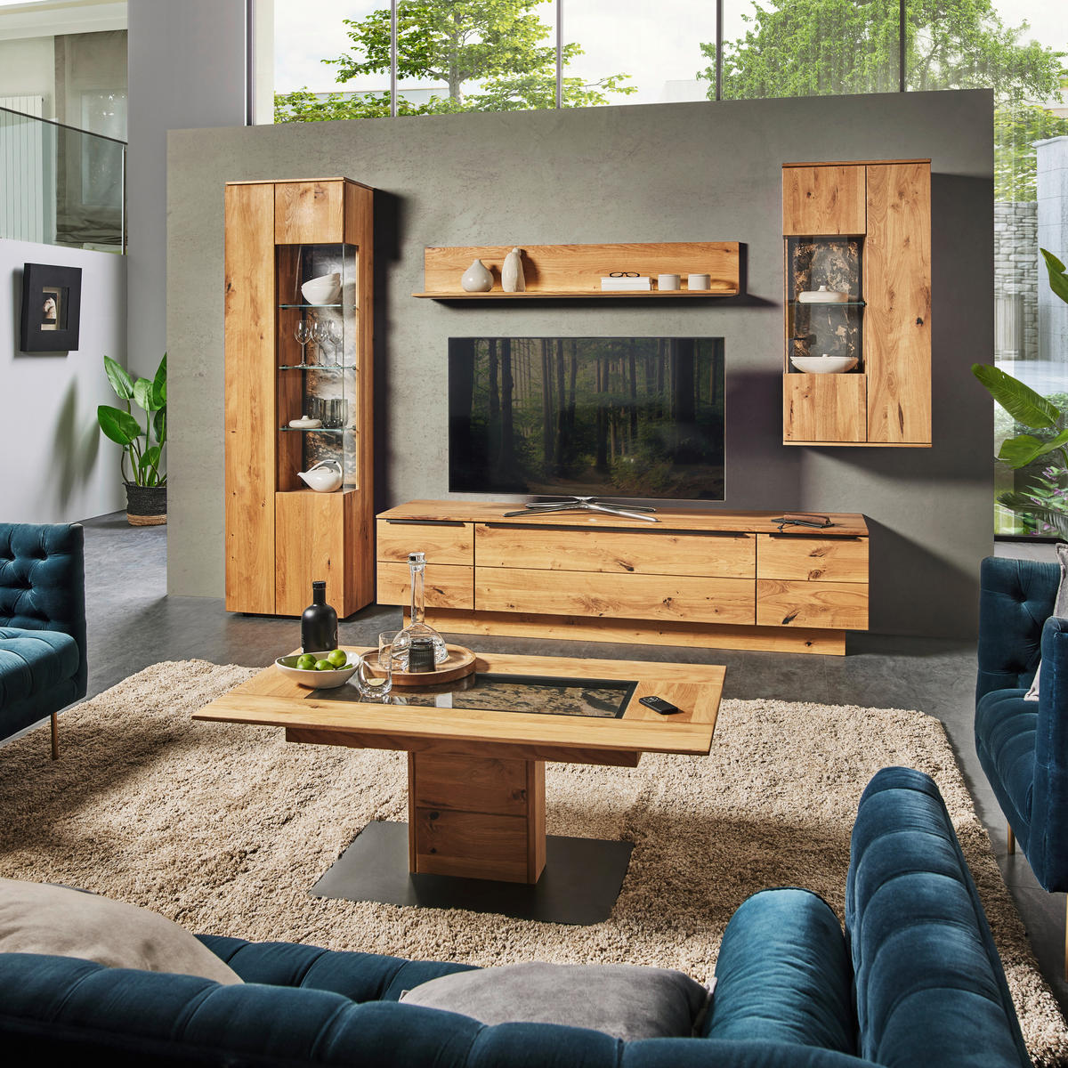 WOHNWAND  in Eichefarben 320/205,7/53,7 cm  - Eichefarben/Schwarz, Natur, Glas/Holz (320/205,7/53,7cm) - Valnatura