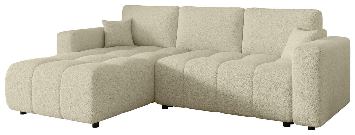 ECKSOFA Beige Bouclé Zierkissen, Rückenkissen, Bettkasten, Schlaffunktion, Rücken echt, Liegefläche im Originalstoff  - Beige/Schwarz, MODERN, Kunststoff/Textil (190/280cm) - Carryhome