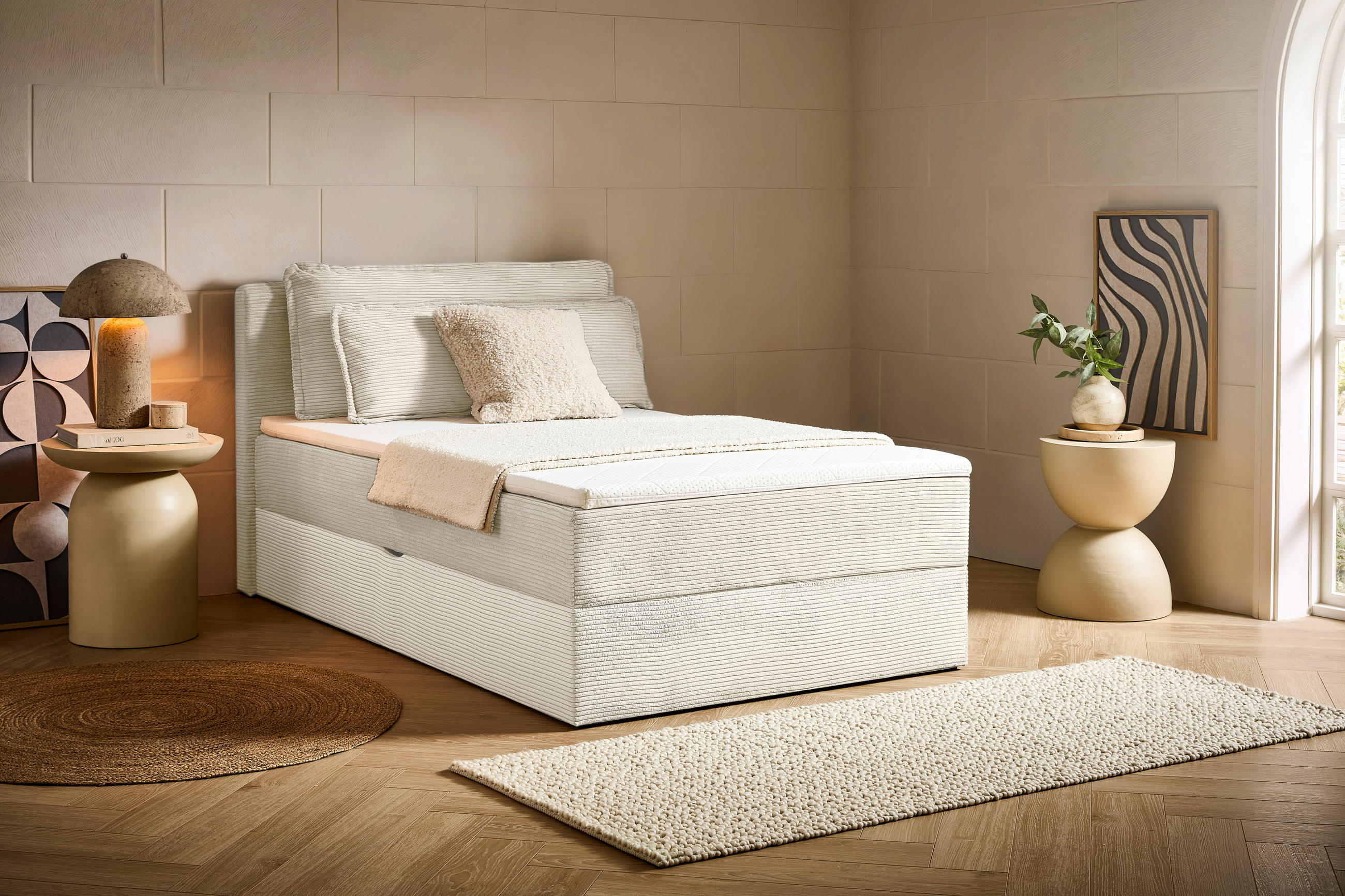 BOXBETT 120/200 cm,  in Beige, Kissen, Bettkasten, Topper, H3 = fest  - Beige/Schwarz, Design, Kunststoff/Textil (120/200cm) - Chameo
