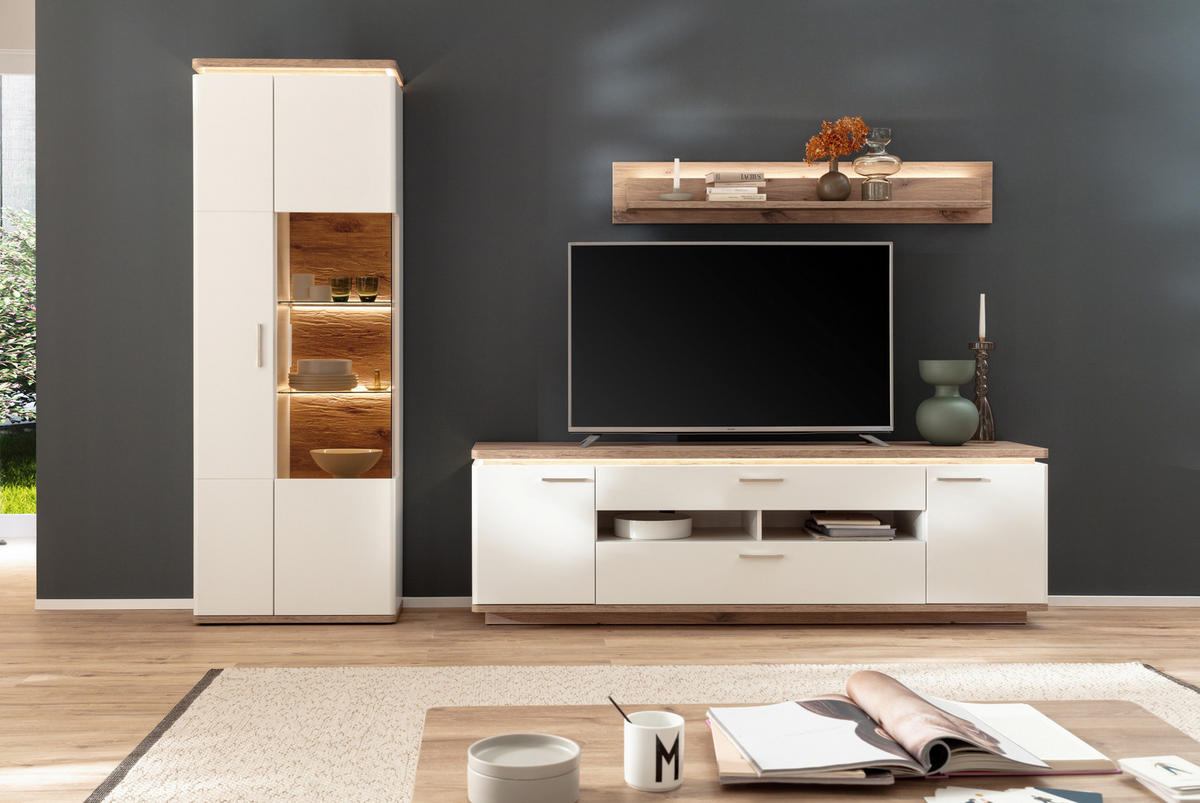 WOHNWAND 3-teilig  in Weiss, Eichefarben 295/208/50 cm  - Weiss/Eichefarben, Design, Glas/Holzwerkstoff (295/208/50cm) - Livetastic