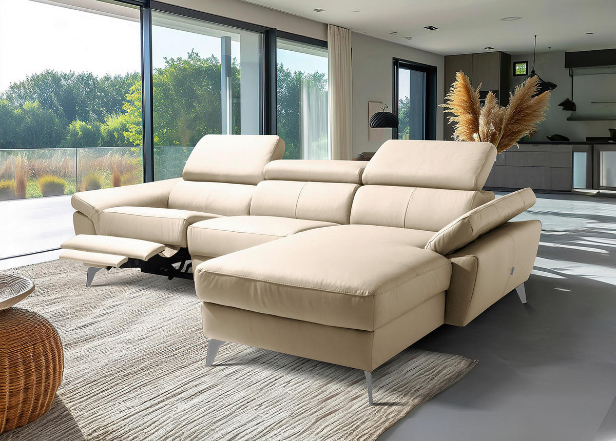 ECKSOFA  in Lederlook Echtleder Grau Rücken echt, Armteilverstellung, Relaxfunktion, Kopfteilverstellung  252/179 cm  - Chromfarben/Grau, Design, Leder/Textil (252/179cm) - Livetastic