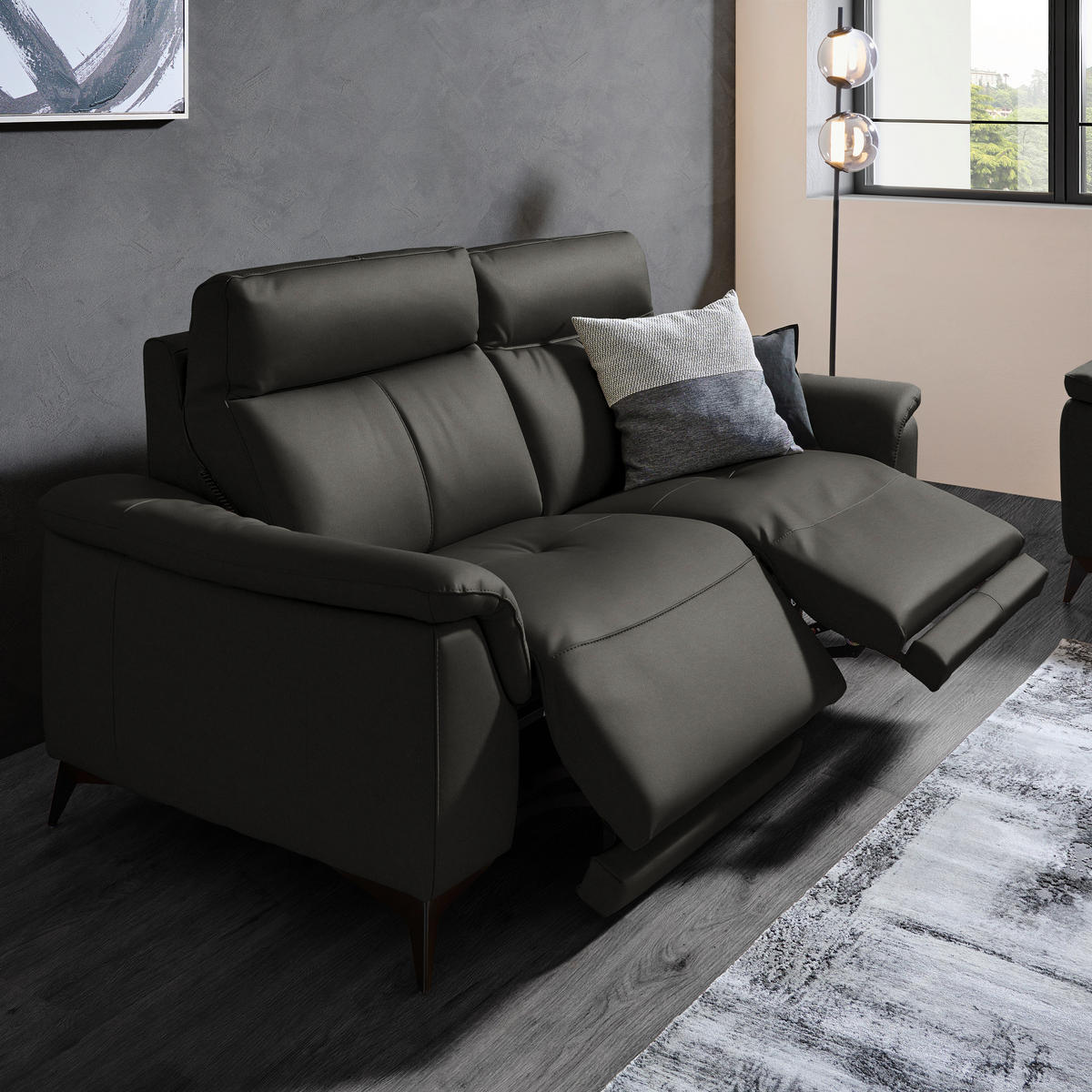 3-SITZER-SOFA Echtleder Mokka  - Schwarz/Mokka, Design, Leder/Metall (207/107/98cm) - Belluti