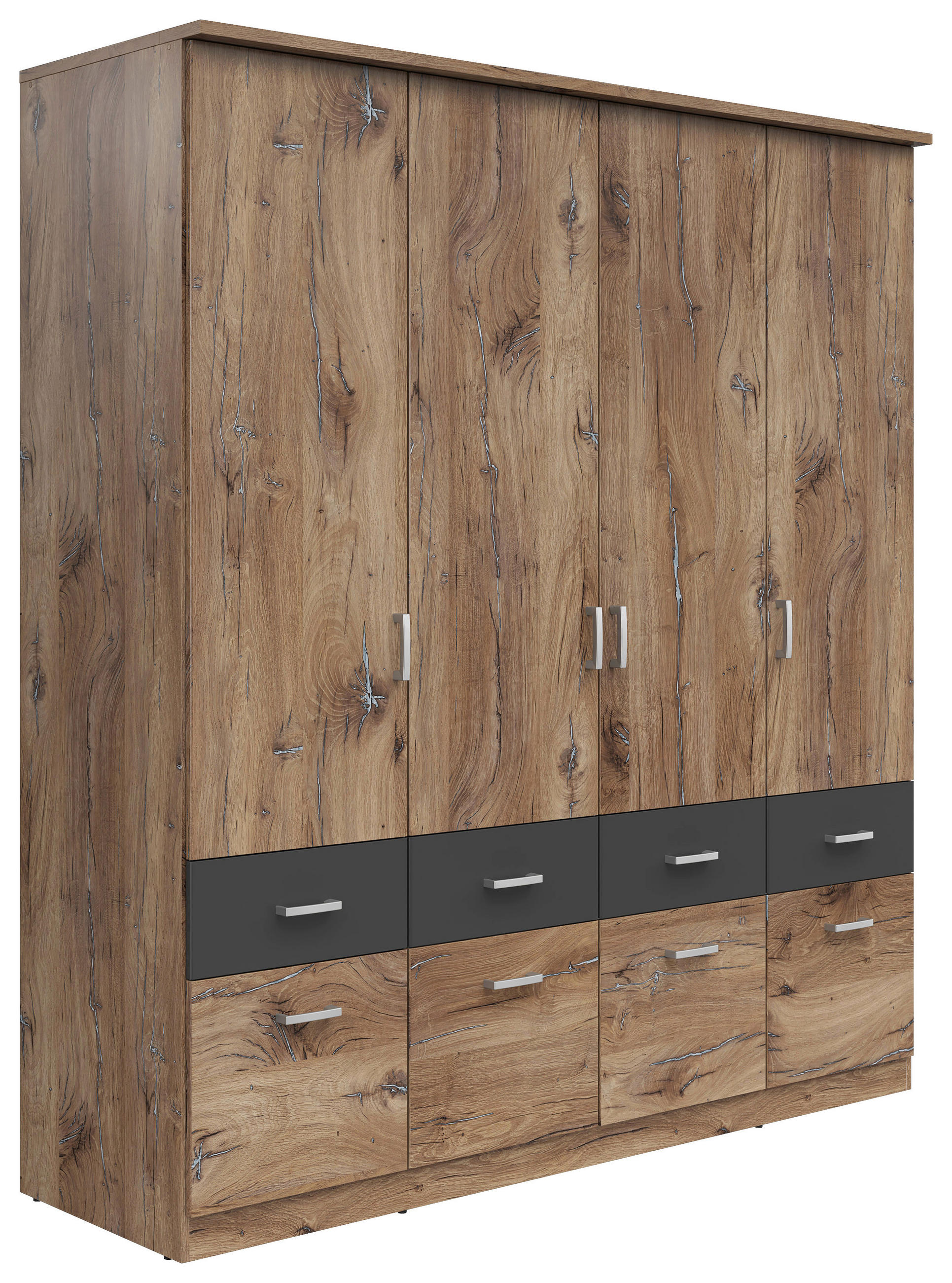 KLEIDERSCHRANK 181/199/58 cm,  in Graphitfarben, Eichefarben, 4-türig  - Eichefarben/Silberfarben, KONVENTIONELL, Holzwerkstoff/Kunststoff (181/199/58cm) - MID.YOU