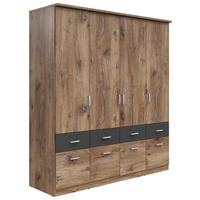 KLEIDERSCHRANK 181/199/58 cm,  in Graphitfarben, Eichefarben, 4-türig  - Eichefarben/Silberfarben, KONVENTIONELL, Holzwerkstoff/Kunststoff (181/199/58cm) - MID.YOU