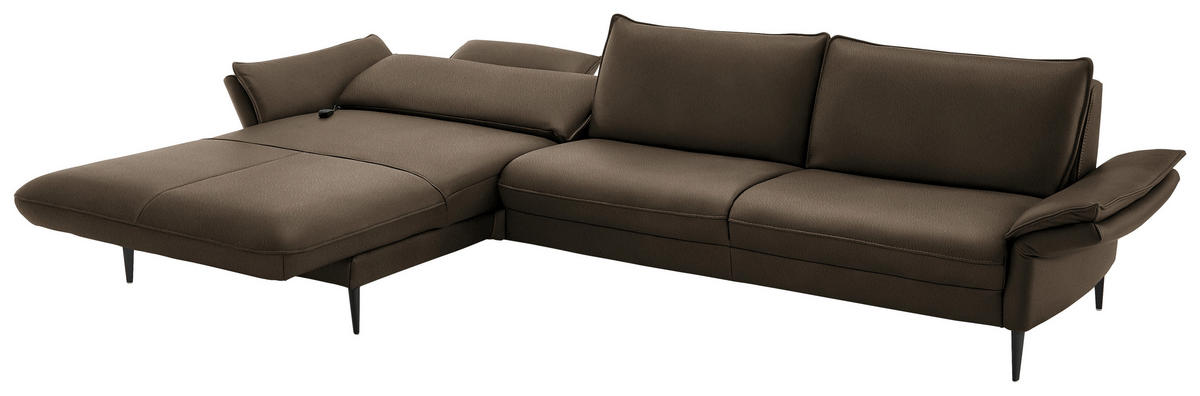 ECKSOFA in Echtleder Dunkelbraun  - Dunkelbraun/Schwarz, Design, Leder/Metall (172/334cm) - Hukla