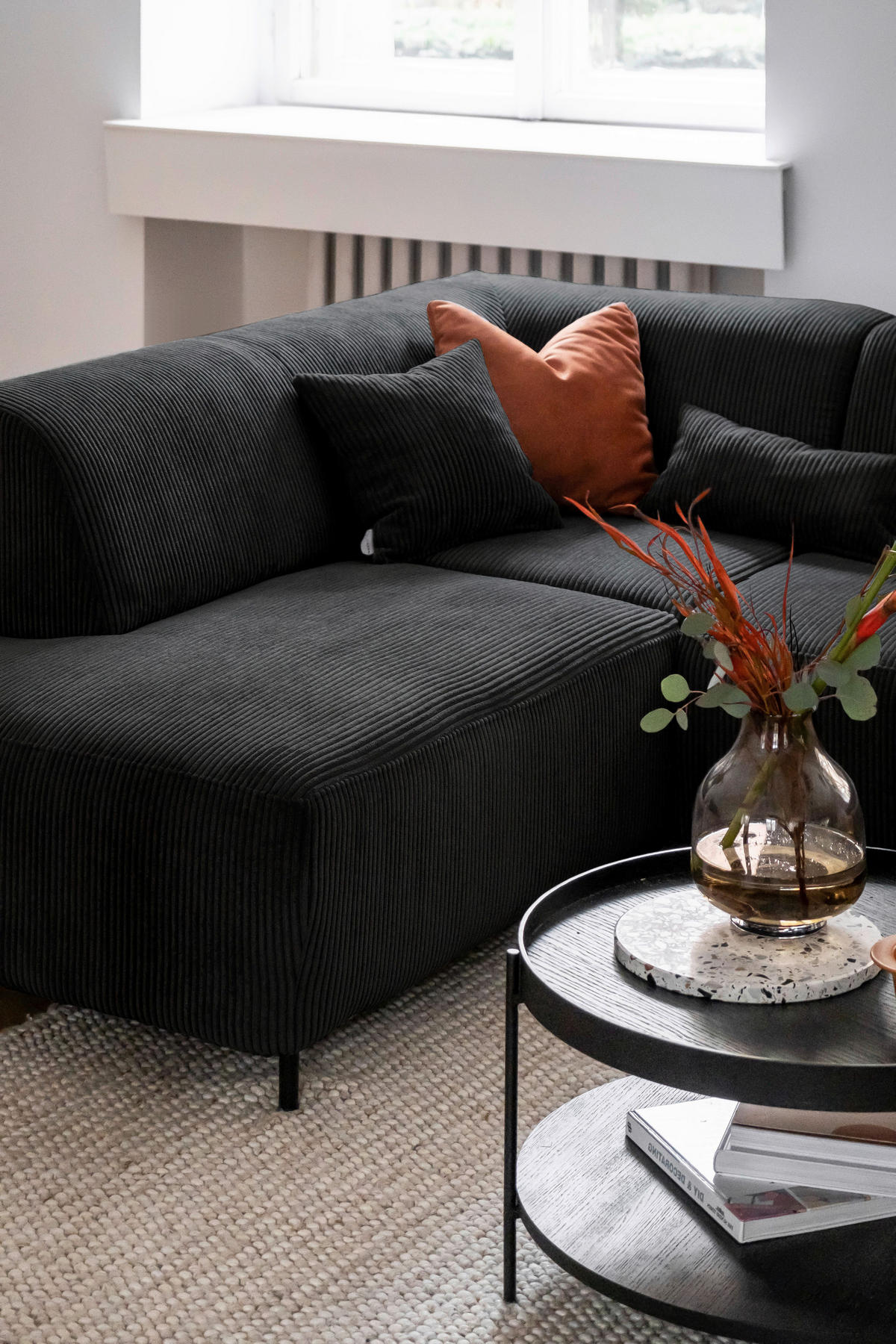 ECKSOFA Dunkelgrau Cord  - Dunkelgrau/Schwarz, Textil/Metall (192/250cm) - MID.YOU