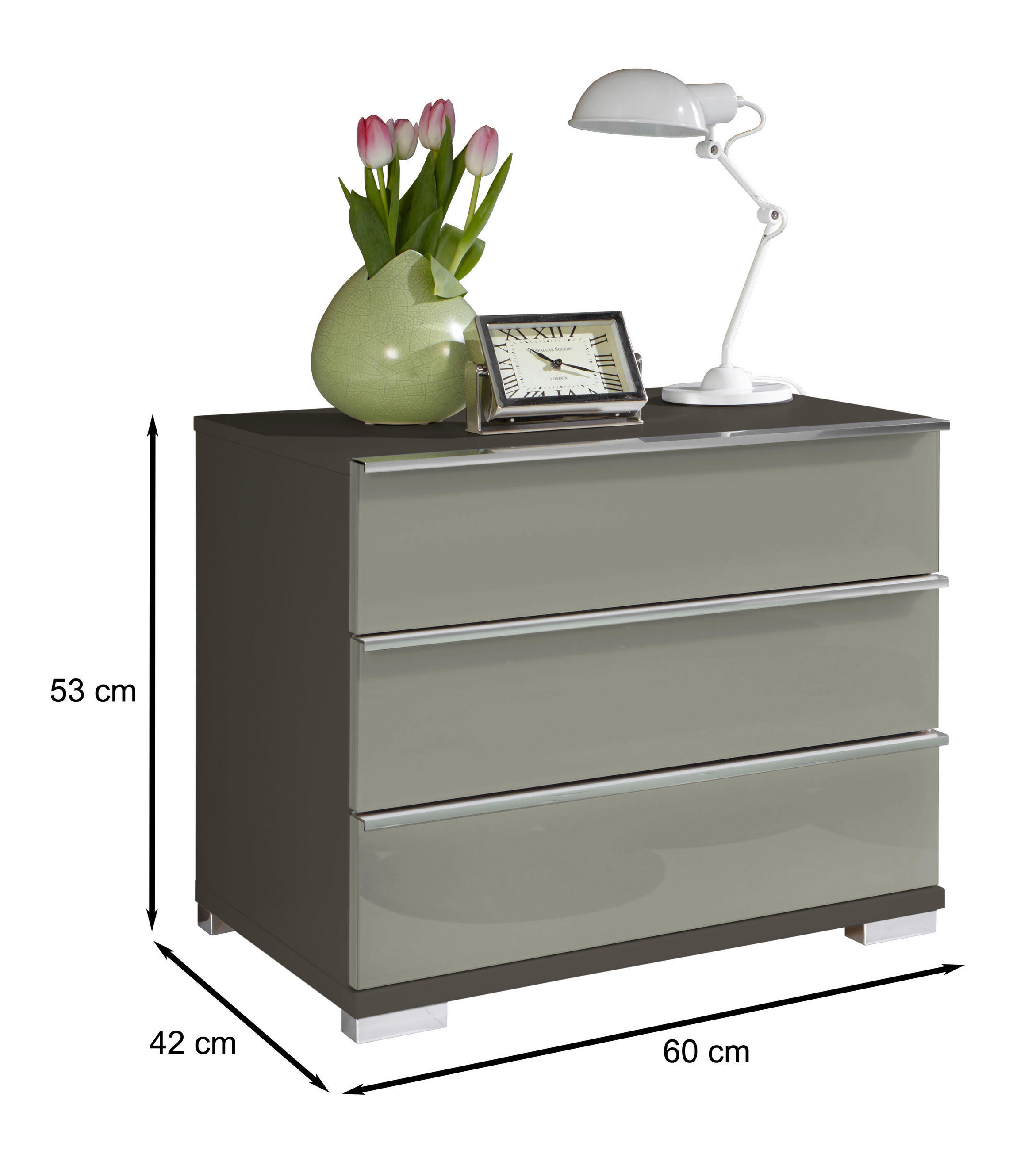Thumbnail - Venda Nachtschrank, Hellgrau, Dunkelgrau, Metall, 3 Schublade(n) Schubladen, 60x53x42 cm, Goldenes M, Made in Germany, T...