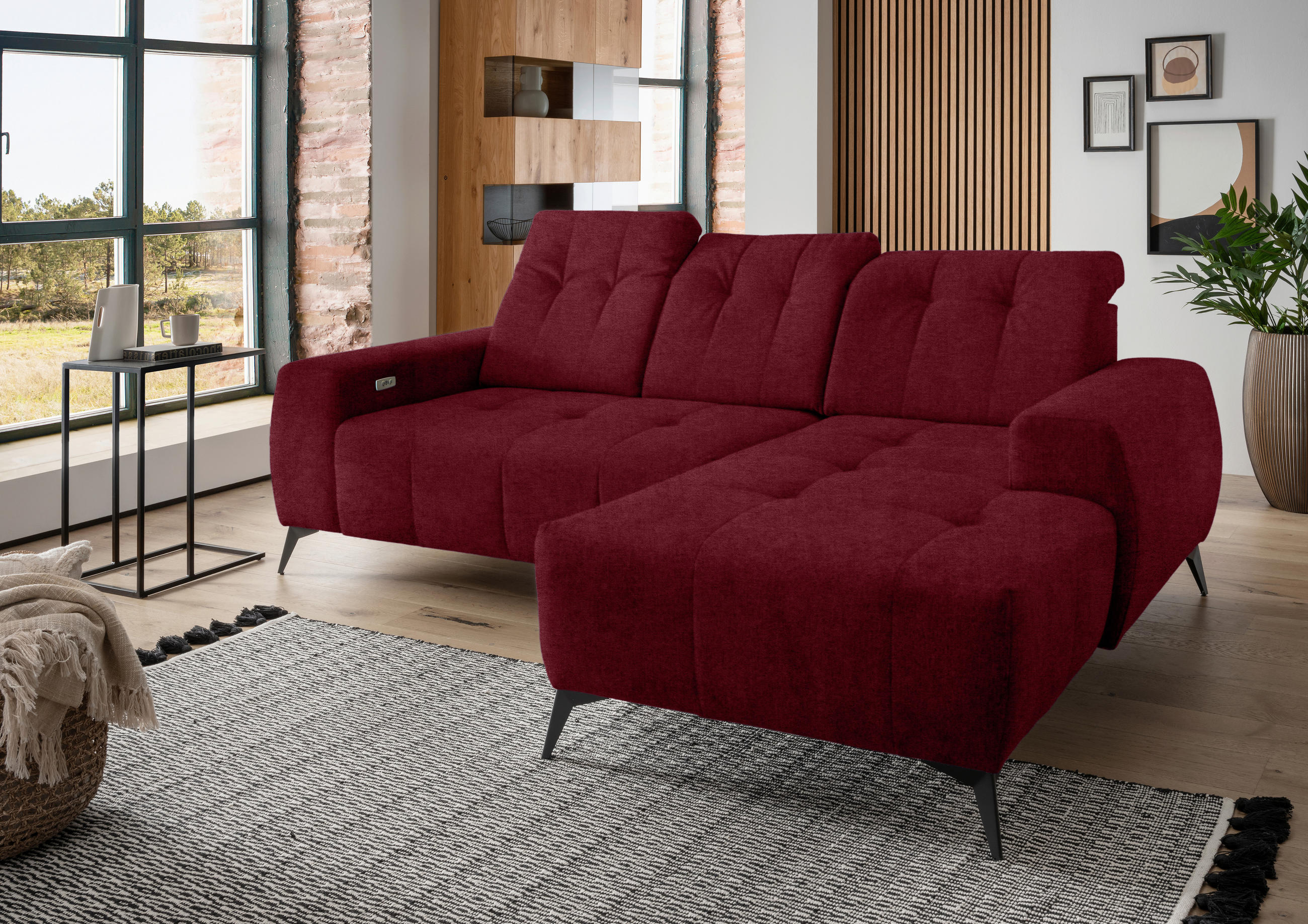 ECKSOFA in Mikrofaser Bordeaux - Bordeaux/Schwarz, Modern, Textil/Metall (258/180cm) - Livetastic
