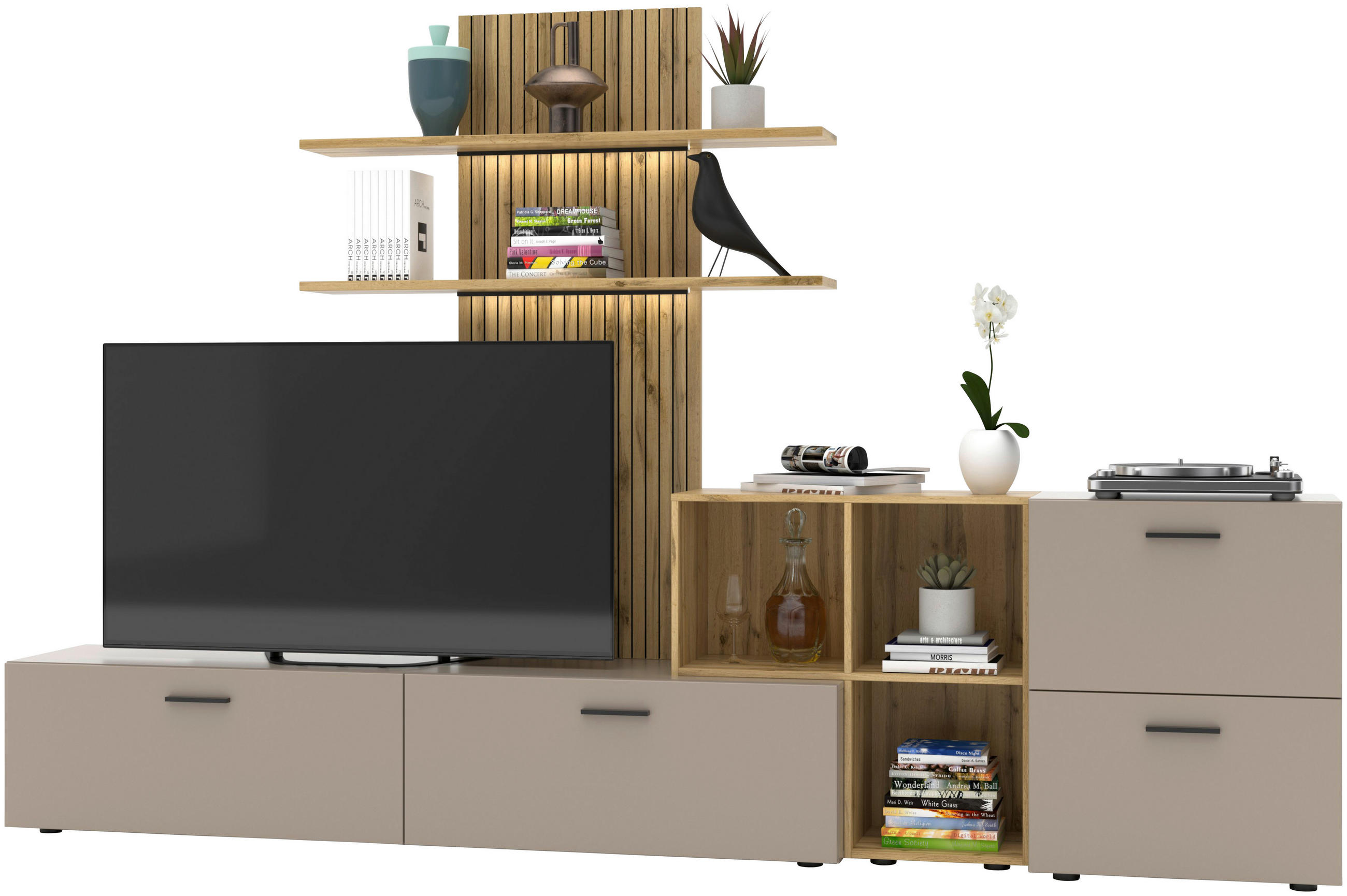 DNEVNI REGAL,   - barve hrasta, Design, umetna masa/leseni material (296/190/40cm) - Hom`in