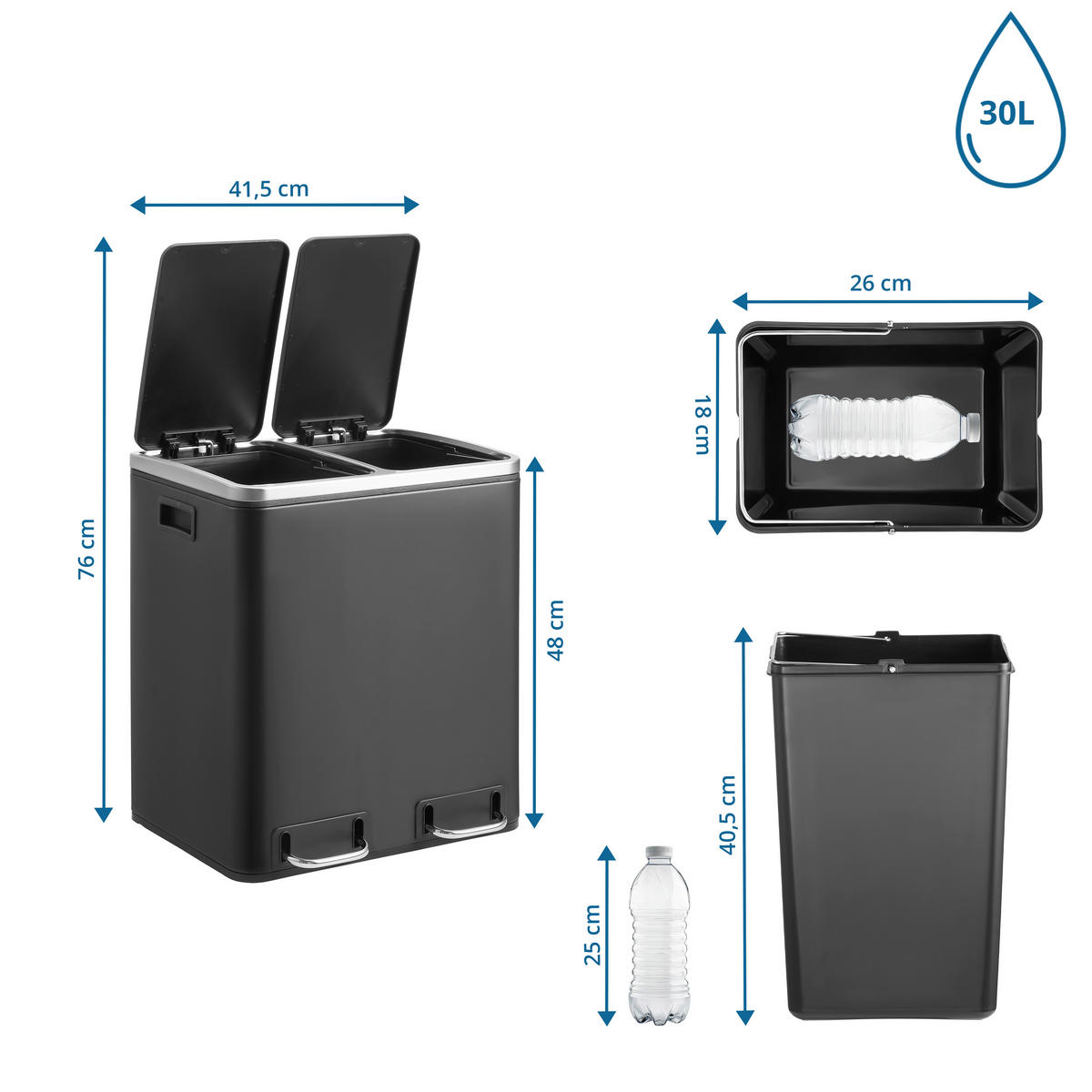 ABFALLEIMER 2x15  l  Metall  - Schwarz, MODERN, Kunststoff/Metall (41,5/48/32cm) - MID.YOU