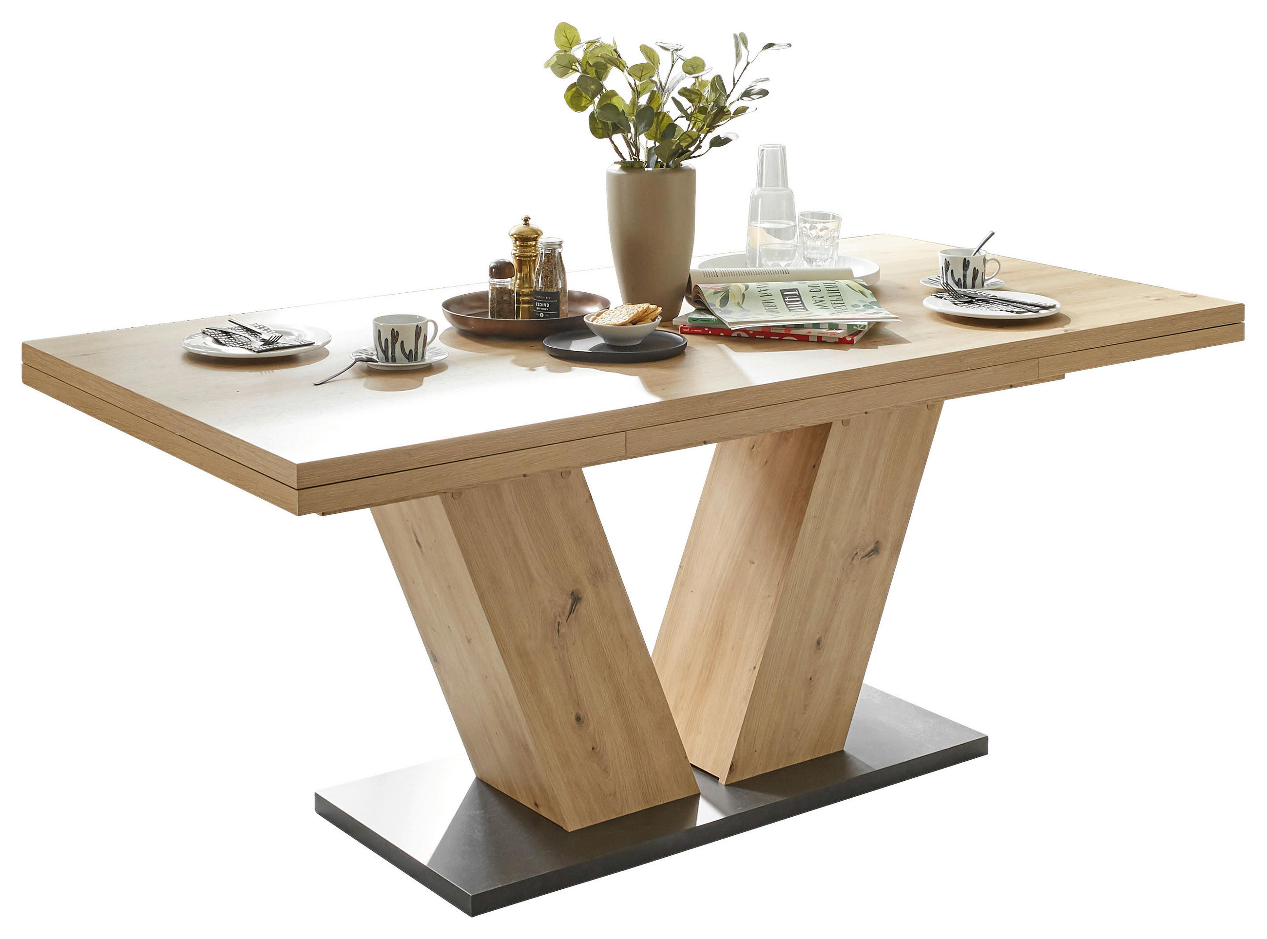 Hom`in Esstisch Schwarz, Eiche Artisan 90x76x180-280 cm