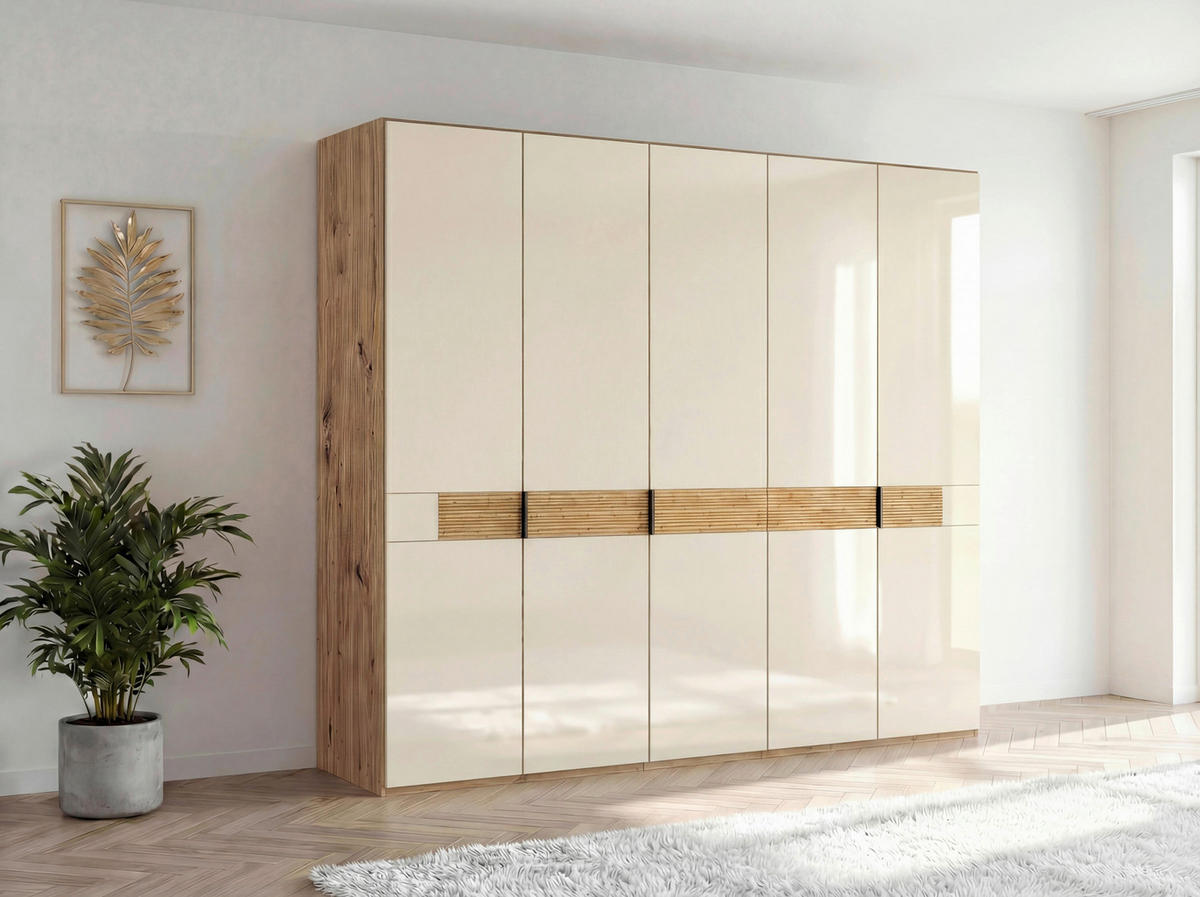 DREHTÜRENSCHRANK 250/216/58 cm,  in Champagner, Eiche Bianco, 5 Tür(en)  - Schieferfarben/Eiche Bianco, Design, Glas/Holz (250/216/58cm) - Musterring
