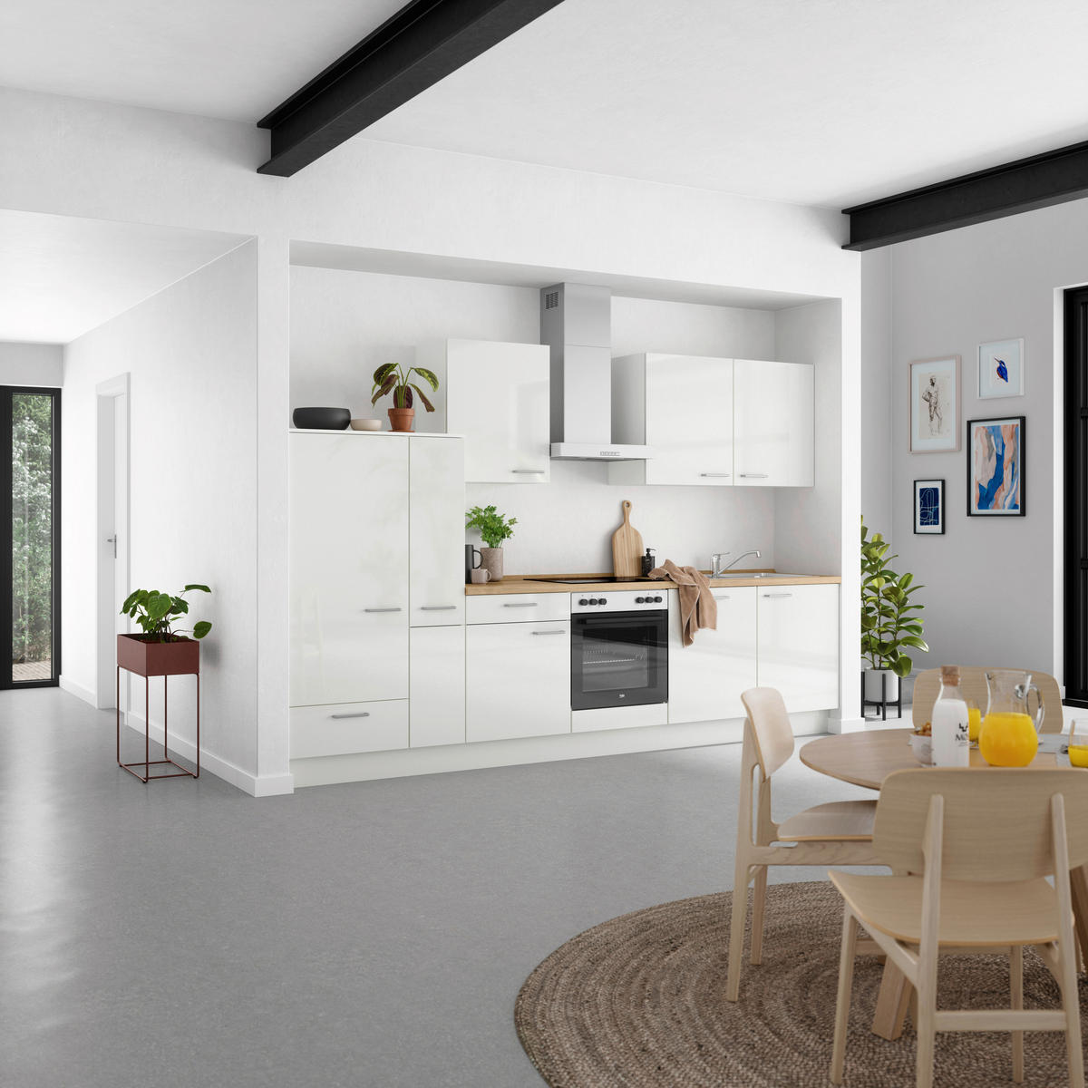 KÜCHENLEERBLOCK 330 cm   in Eichefarben, Weiß Hochglanz  - Edelstahlfarben/Eichefarben, MODERN, Holzwerkstoff/Metall (330cm) - Nobilia