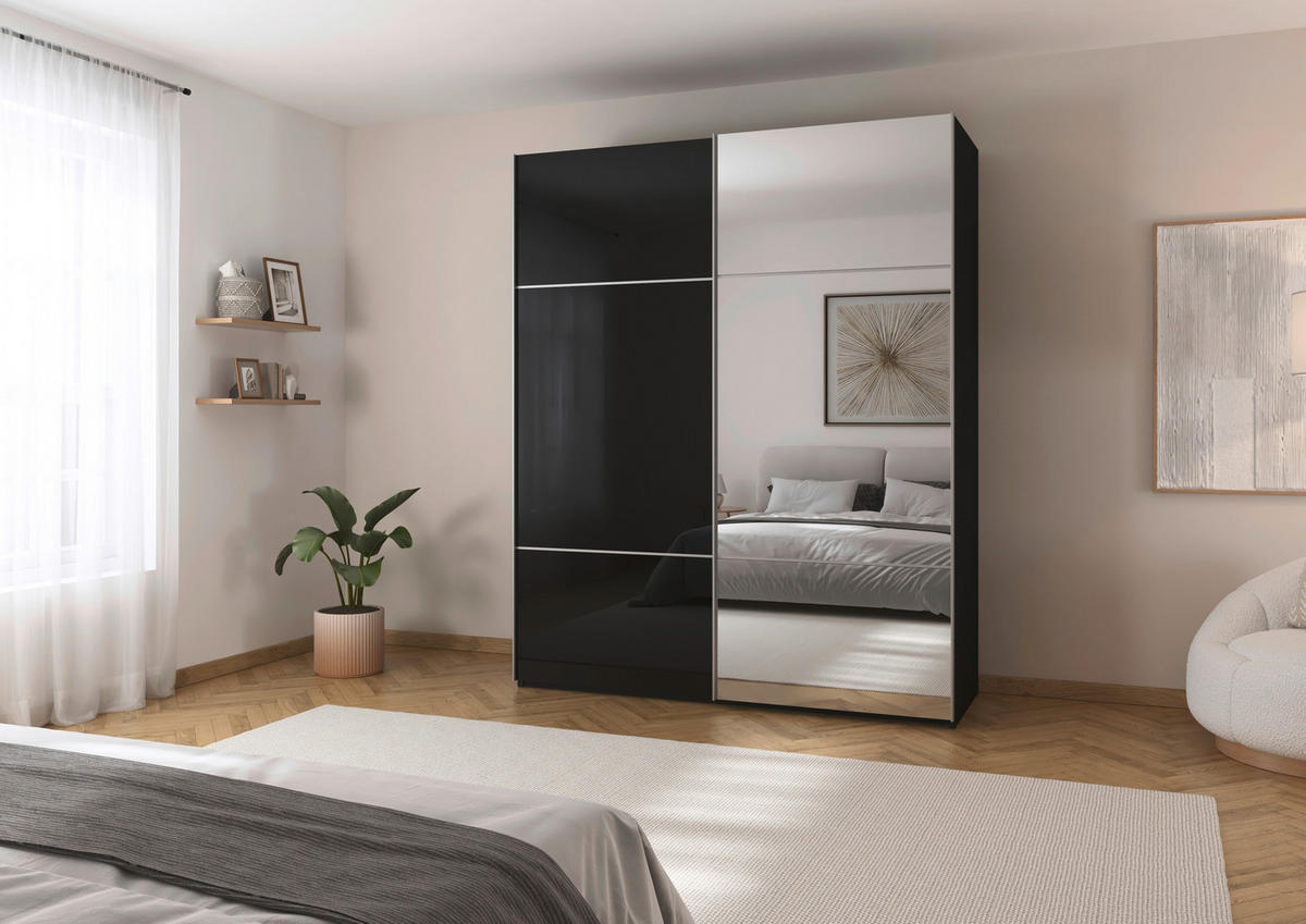 SCHWEBETÜRENSCHRANK in Schwarz  - Alufarben/Schwarz, Konventionell, Glas/Holzwerkstoff (181/223/68cm) - Novel
