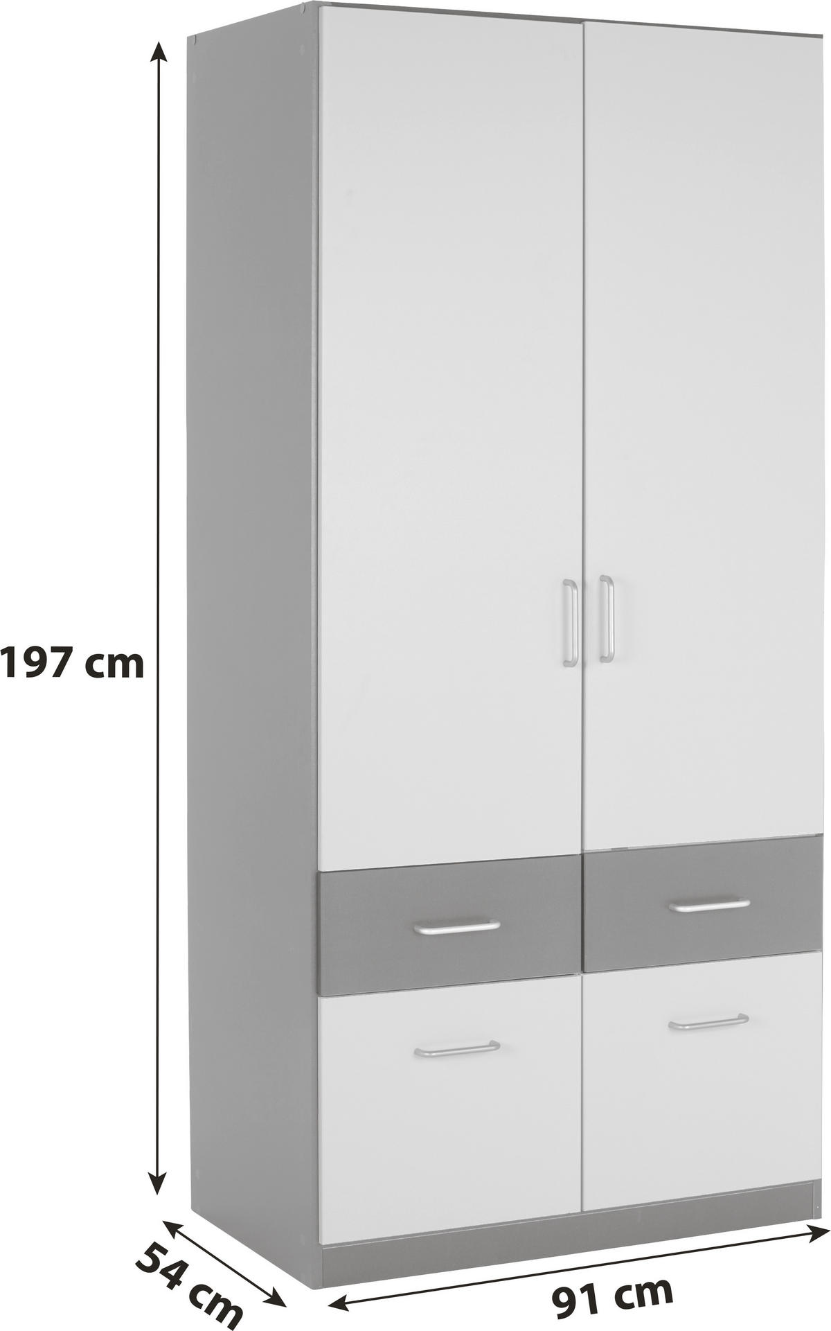 KLEIDERSCHRANK 91/197/54 cm,  in Grau, Weiß, 2-türig  - Alufarben/Weiß, KONVENTIONELL, Holzwerkstoff/Kunststoff (91/197/54cm) - Rauch Möbel