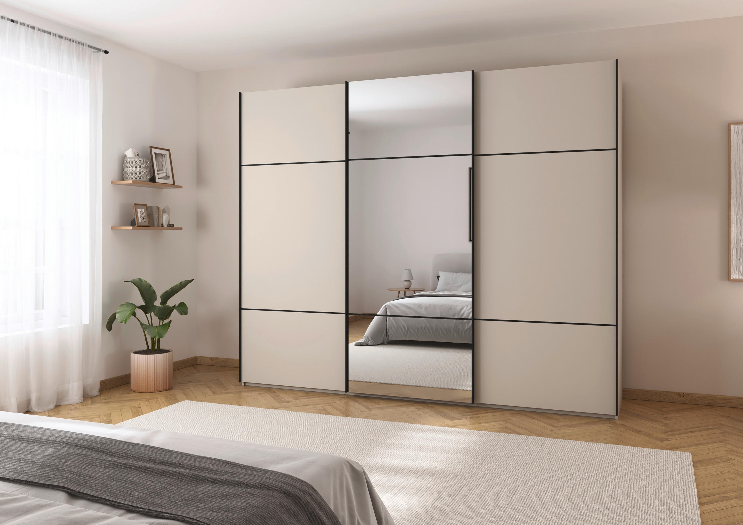 SCHWEBETÜRENSCHRANK in Champagner  - Champagner/Schwarz, Konventionell, Glas/Holzwerkstoff (301/223/68cm) - Novel