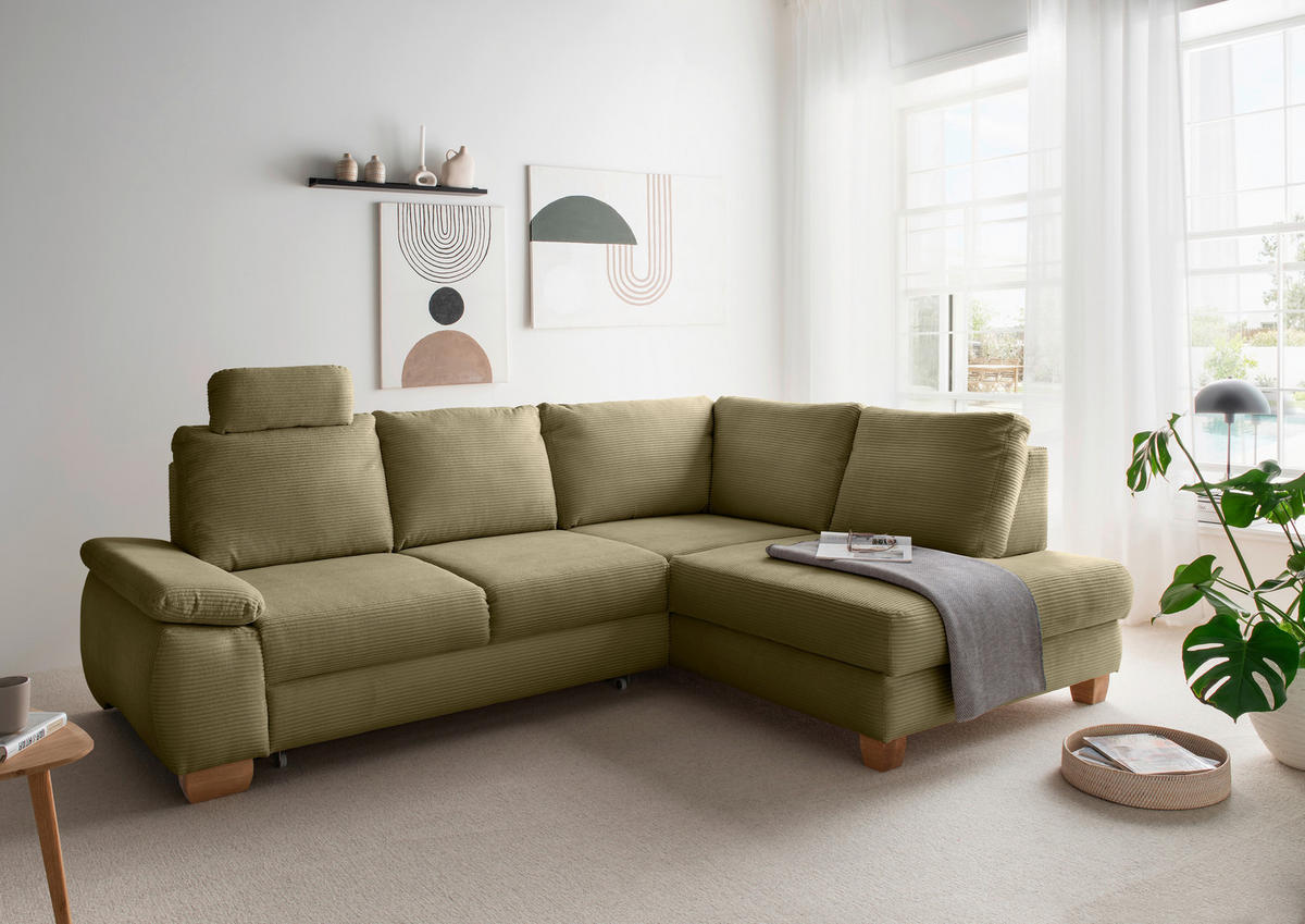 ECKSCHLAFSOFA in Cord Olivgrün  - Wildeiche/Olivgrün, MODERN, Holz/Textil (261/206cm) - Livetastic