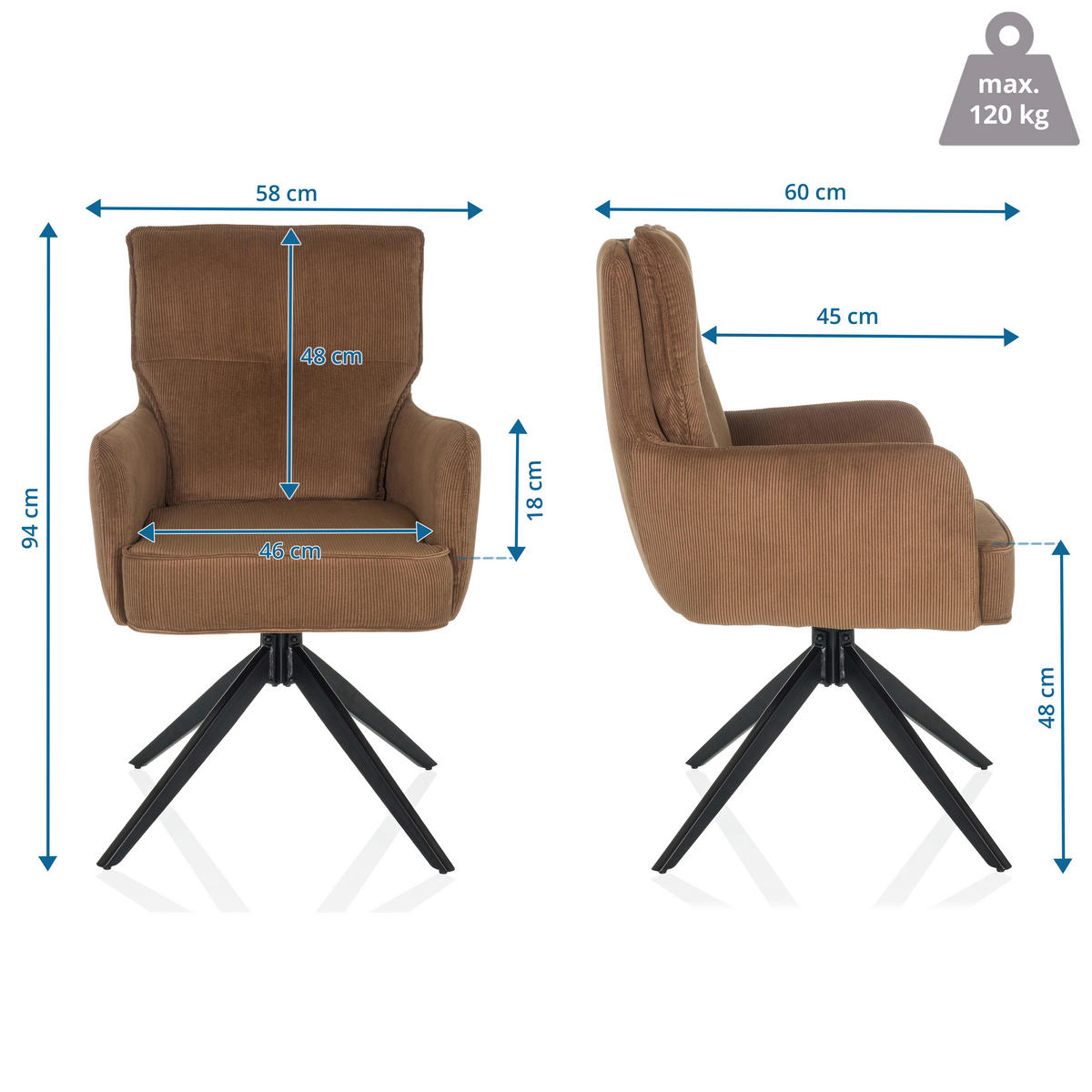 ARMLEHNSTUHL  in Cord  - Schwarz/Braun, MODERN, Textil/Metall (58/94/60cm) - MID.YOU