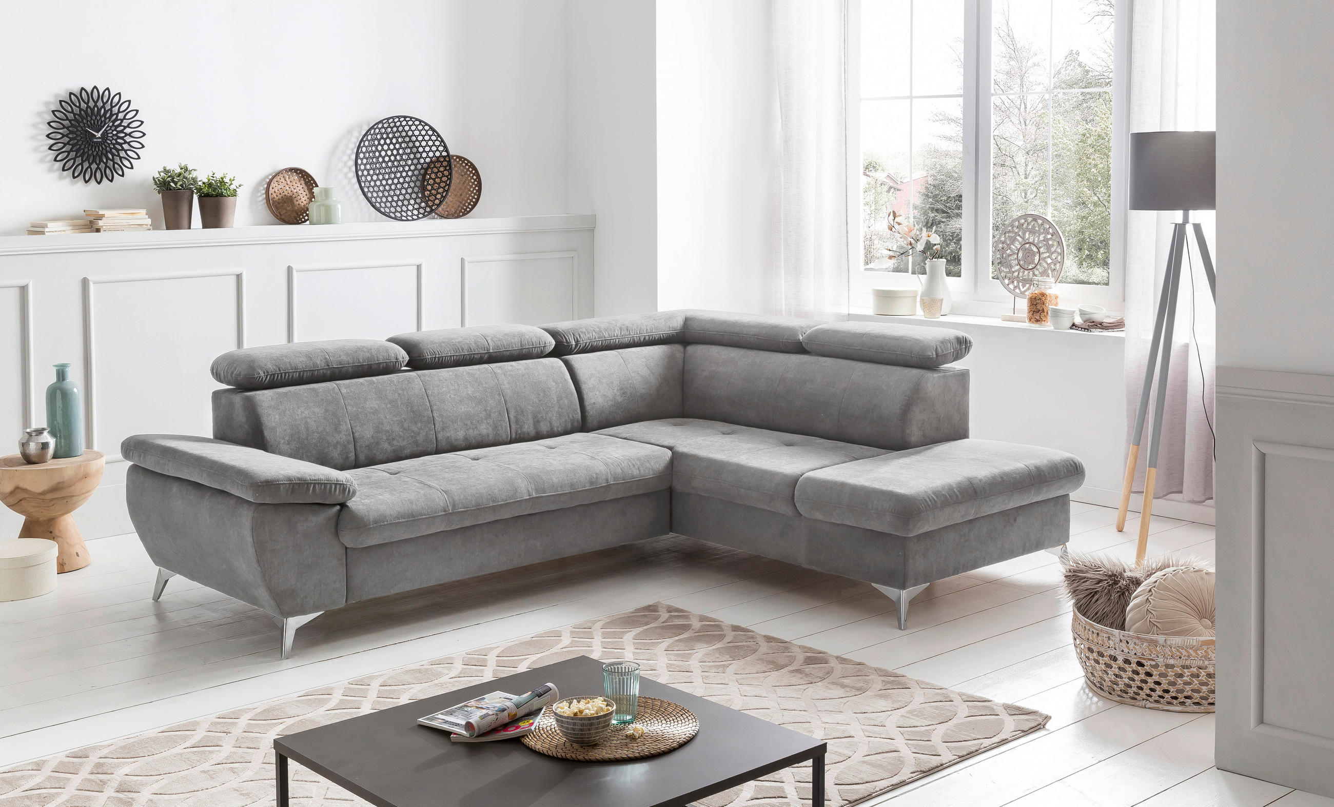 ECKSOFA Hellgrau Mikrofaser  - Chromfarben/Hellgrau, KONVENTIONELL, Textil/Metall (256/209cm) - Livetastic