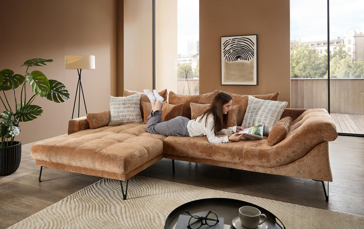 ECKSOFA GARDA Koralle Chenille Zierkissen, Rückenkissen, Nierenkissen, Rücken echt  - Koralle/Schwarz, KONVENTIONELL, Textil/Metall (192/310cm) - Livetastic