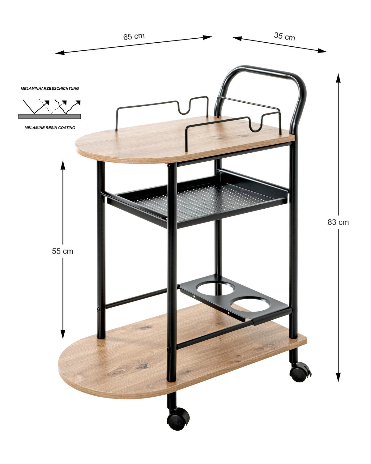 SERVÍROVACÍ VOZÍK, černá, barvy dubu, 65/35/83 cm - černá/barvy dubu, Design, kov/kompozitní dřevo (65/35/83cm)