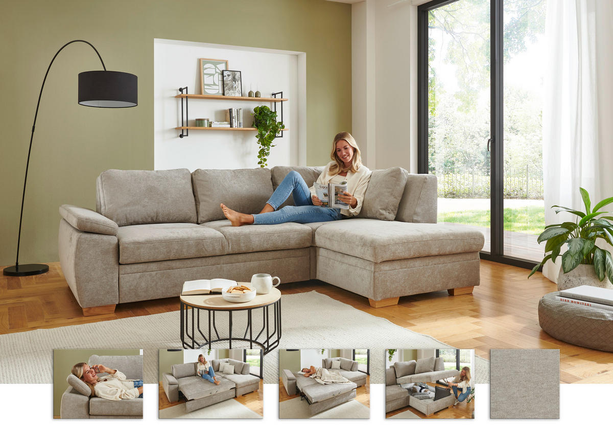 ECKSCHLAFSOFA  in Chenille Hellbraun  - Hellbraun/Eiche Bianco, KONVENTIONELL, Holz/Textil (253/170cm) - Beldomo Style