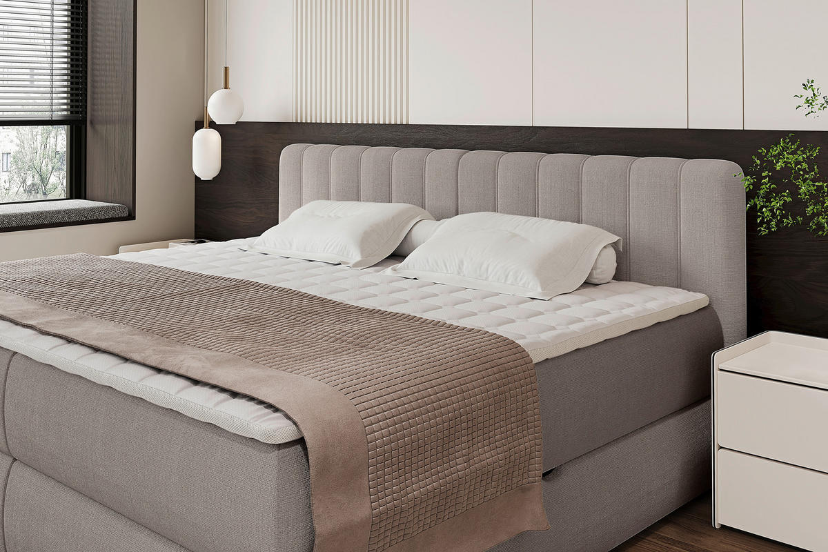 BOXSPRINGBETT 200/200 cm,  in Taupe, gepolstertes Kopfteil, Bettkasten, Topper, Matratzen, H2 + H3 = mittel + fest  - Taupe/Schwarz, Design, Kunststoff/Textil (200/200cm) - Chameo