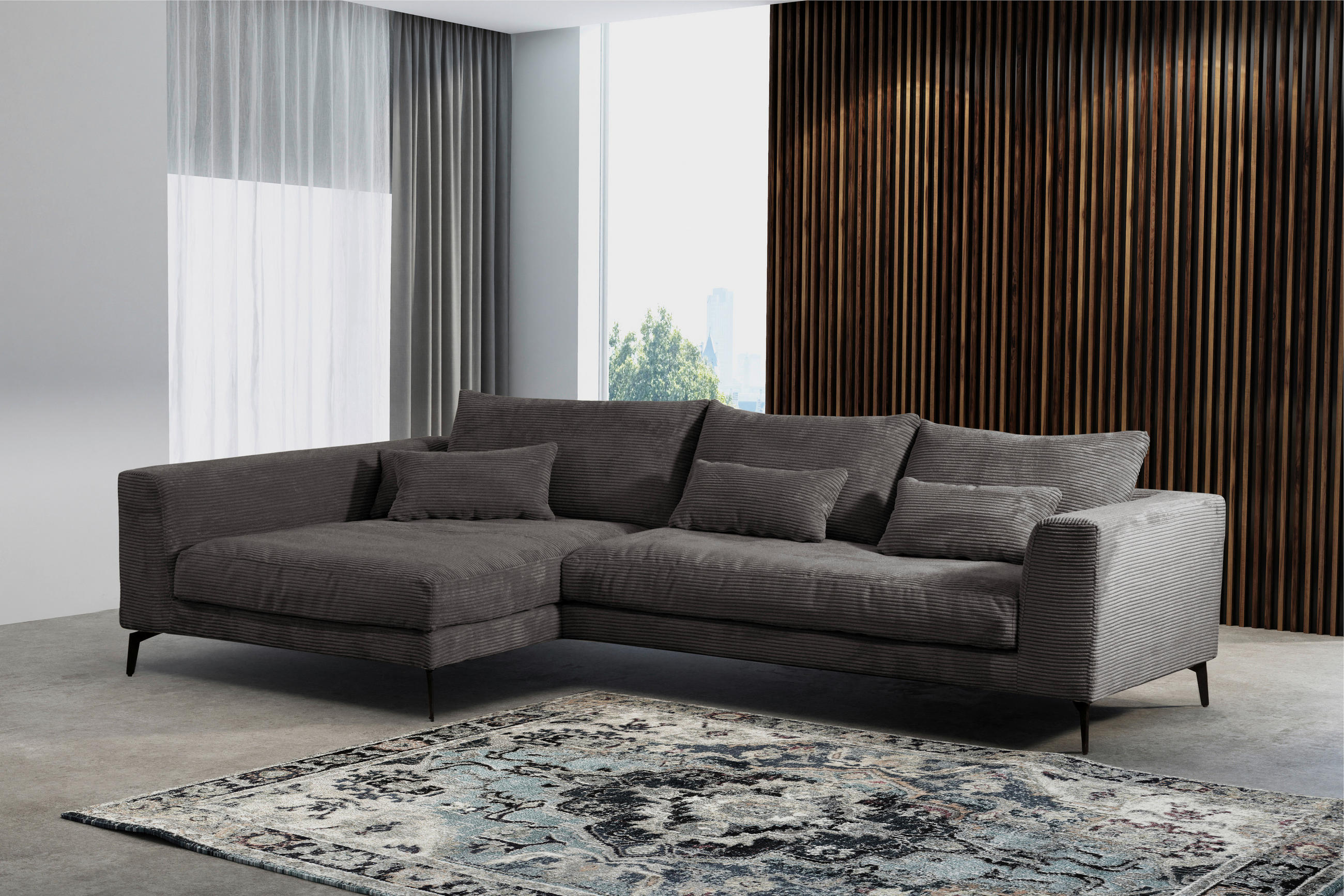 ECKSOFA in Cord Grau  - Schwarz/Grau, Design, Textil/Metall (172/313cm) - Livetastic