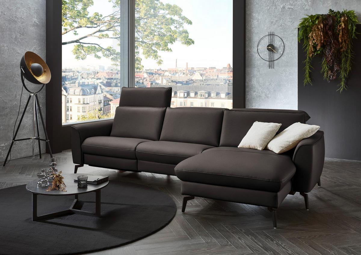 ECKSOFA in Echtleder Dunkelgrau  - Dunkelgrau/Schwarz, Natur, Leder/Metall (281/168cm) - Valdera