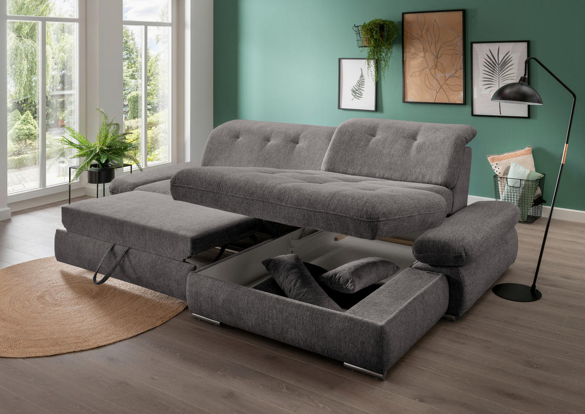 ECKSOFA in Chenille Graubraun  - Chromfarben/Graubraun, Design, Textil/Metall (300/196cm) - Livetastic