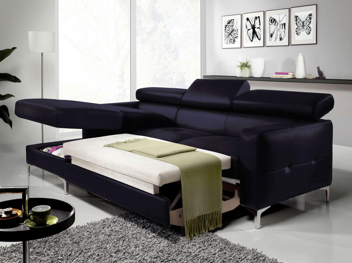 ECKSOFA in Echtleder Schwarz  - Chromfarben/Schwarz, Design, Leder/Metall (168/227cm) - Livetastic