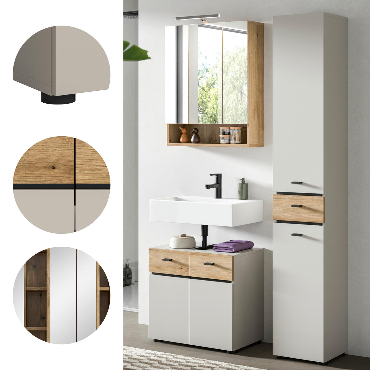 BADEZIMMER 3-teilig  in 92 cm  - Kaschmir/Eichefarben, Trend, Glas/Holzwerkstoff (92cm) - MID.YOU