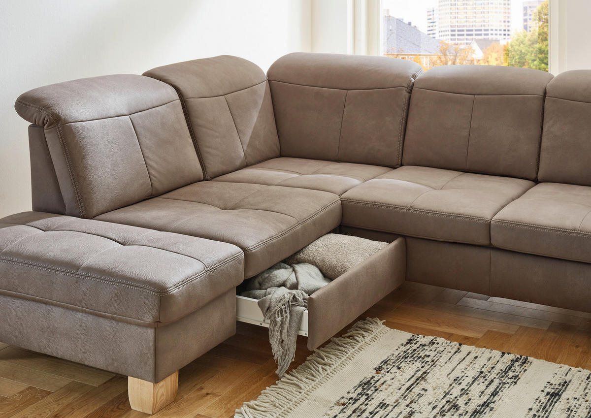 WOHNLANDSCHAFT in Mikrofaser Graubraun  - Wildeiche/Graubraun, KONVENTIONELL, Holz/Textil (243/343/185cm) - Voleo