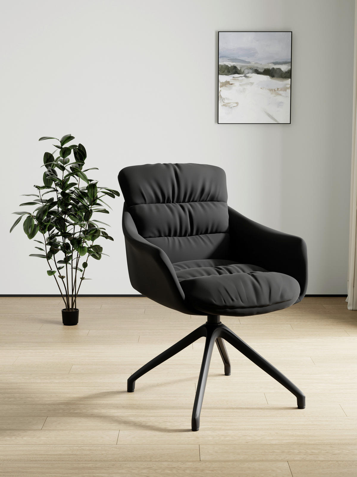 ARMLEHNSTUHL  Sitzfläche 360° drehbar, inklusive Armlehnen, automatische Rückholfunktion  Echtleder  - Schwarz, Design, Leder/Metall (62/85,5/65cm) - Dieter Knoll