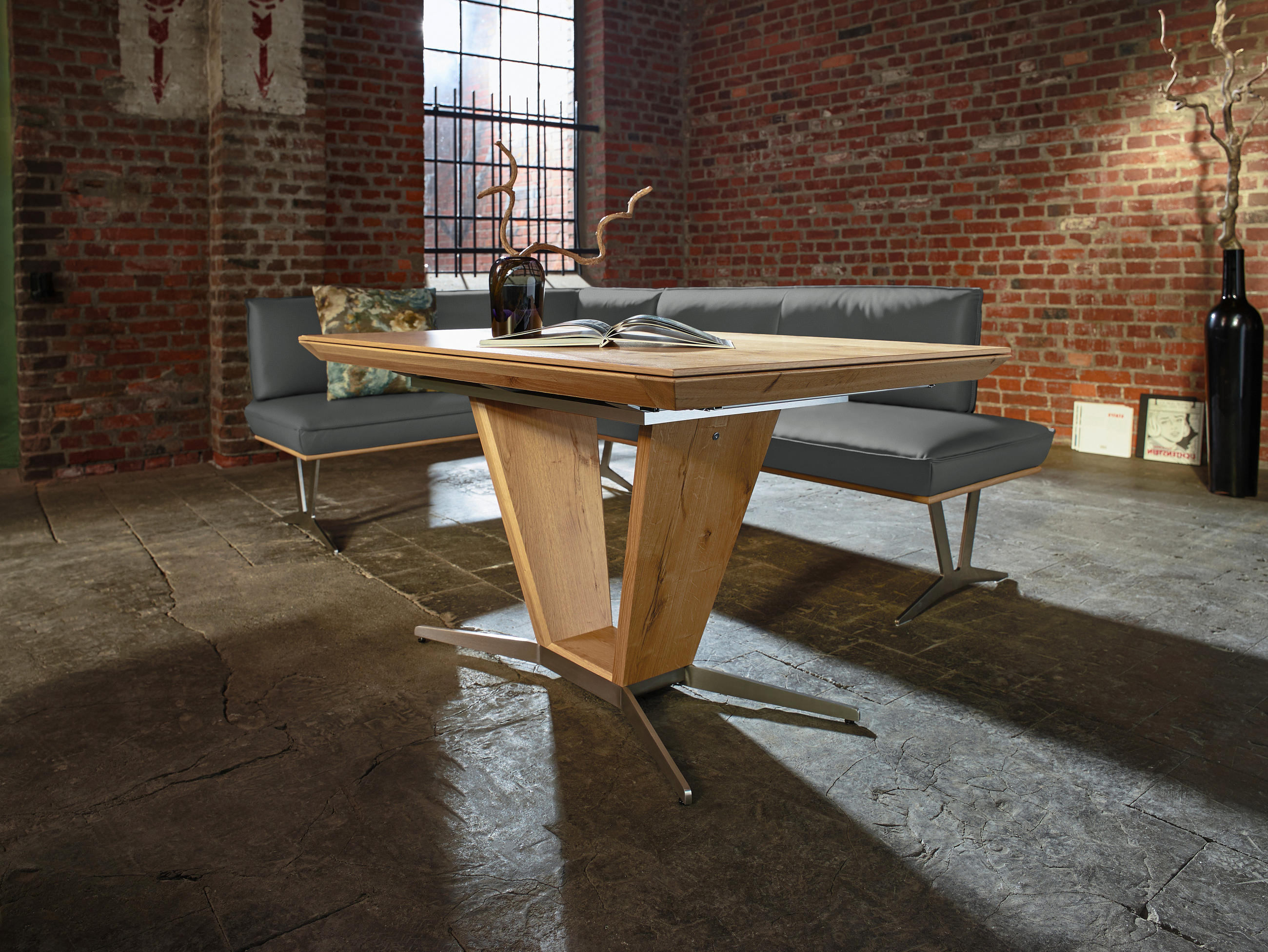 ECKBANK in Holz, Metall, Leder Dunkelgrau  - Edelstahlfarben/Dunkelgrau, Design, Leder/Holz (162/257cm) - Ambiente