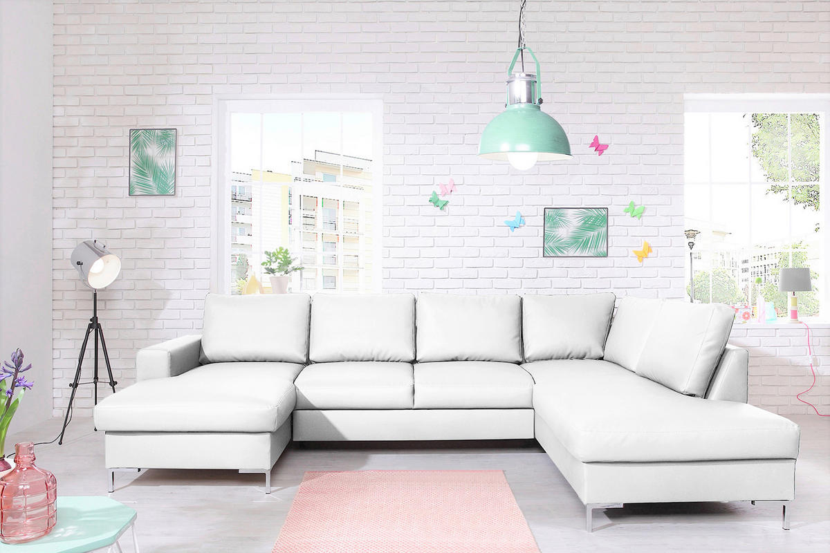 WOHNLANDSCHAFT in Lederlook Weiss  - Weiss/Silberfarben, Design, Leder/Metall (148/303/197cm) - MID.YOU