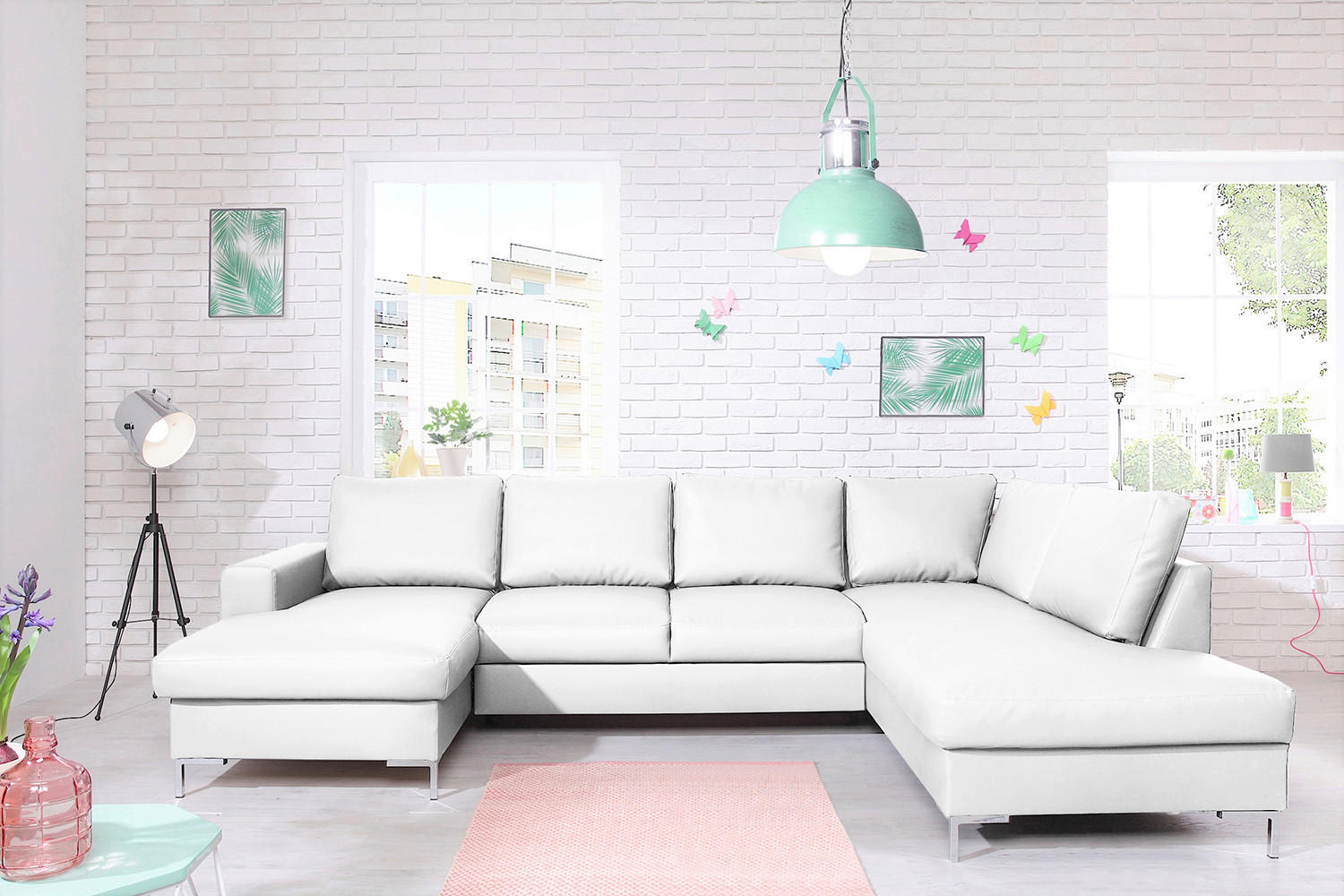 Thumbnail - Mid.you Wohnlandschaft, Weiß, Leder, Lederlook, Uni, 8-Sitzer, Füllung: Schaumstoffflocken, U-Form, 303x197 cm, Made in ...