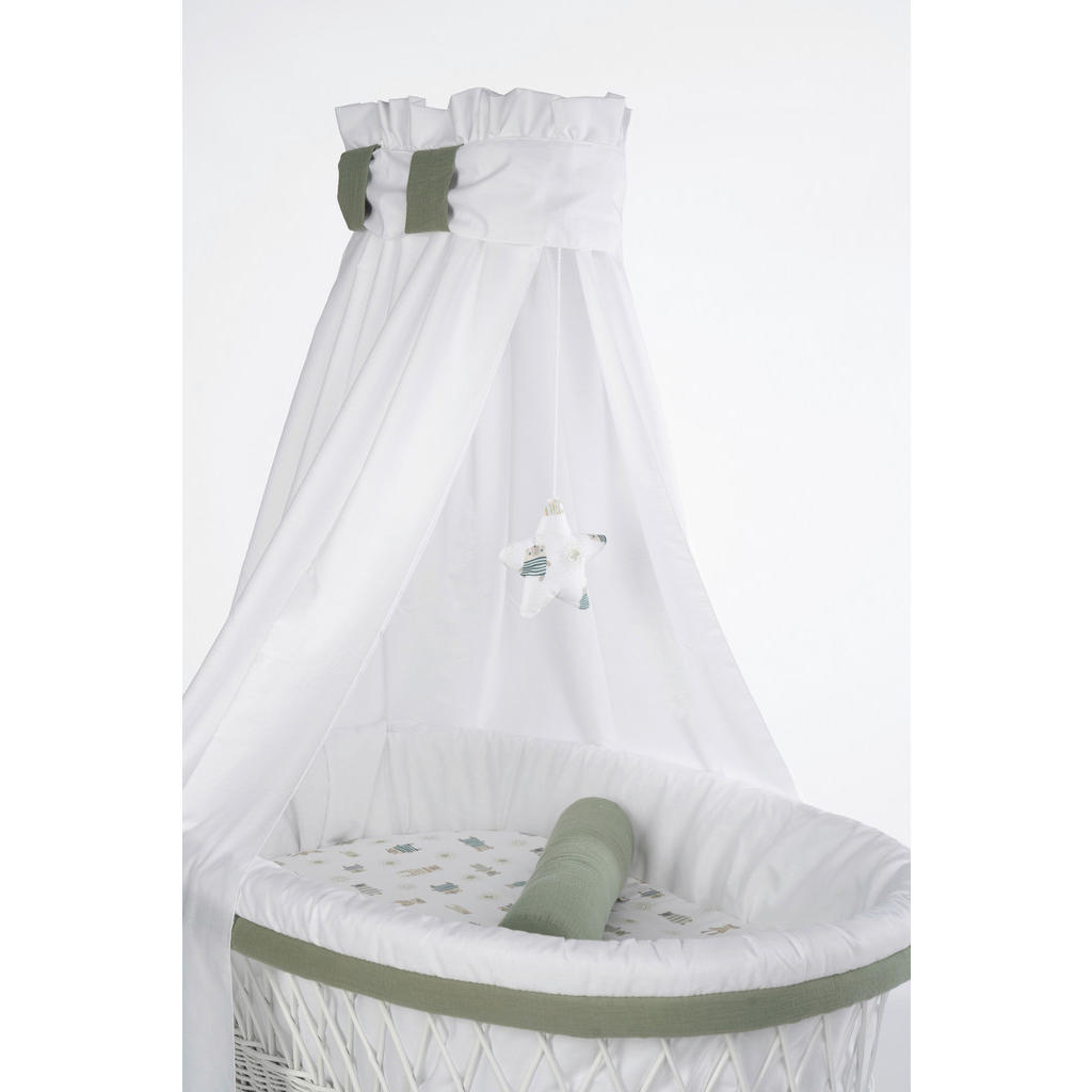 Thumbnail - Mionido Stubenwagen-Komplettset Babybett Lounge Weiß Pyjamabär, Weiß, Buche, Olivgrün, Holz, Textil, 5-teilig, Buche, Hö...