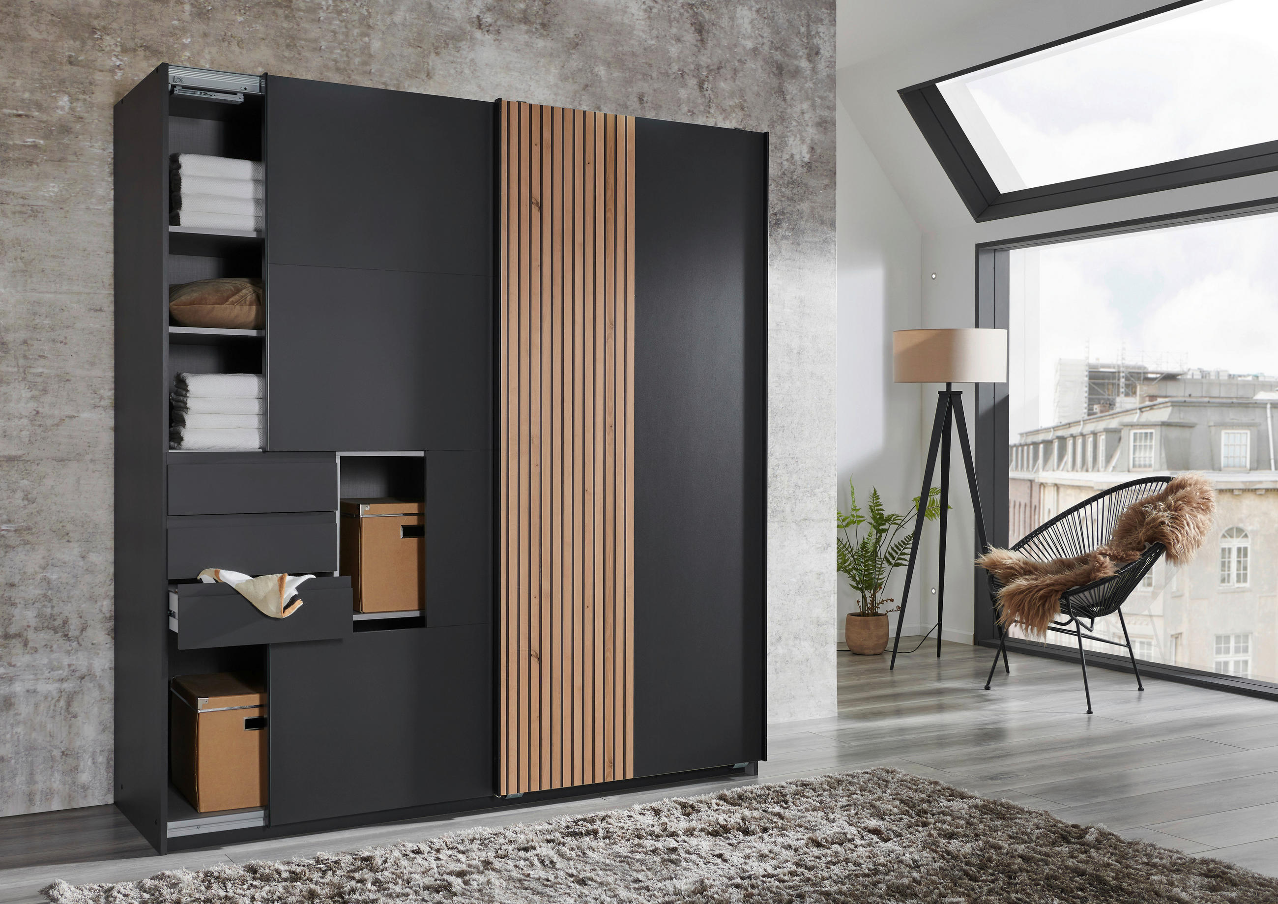 SCHWEBETÜRENSCHRANK 180/198/65 cm 2-türig Graphitfarben, Eiche Artisan  - Schwarz/Graphitfarben, MODERN, Holzwerkstoff/Metall (180/198/65cm) - MID.YOU
