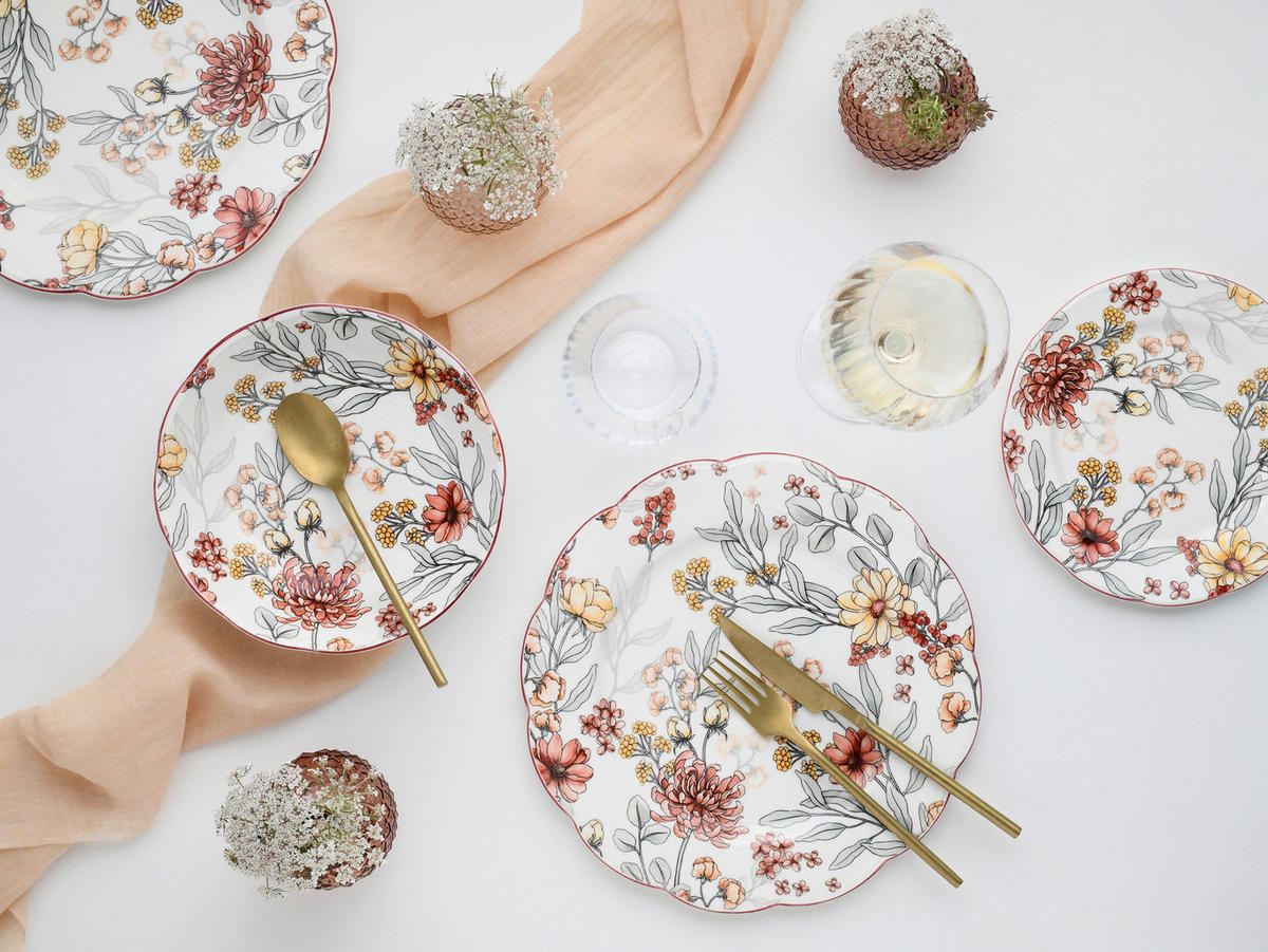 TAFELSERVICE Fiore 12-teilig  - Bordeaux/Weiß, Basics, Keramik - Creatable