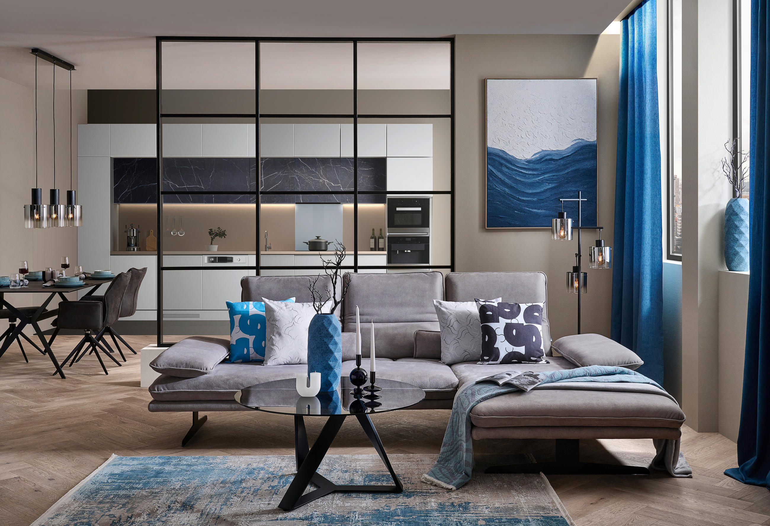 Thumbnail - Chilliano Ecksofa, Grau, Textil, 3-Sitzer, Ottomane rechts, L-Form, 291x164 cm, Goldenes M, Emas, Dgm, Typenauswahl, Led...