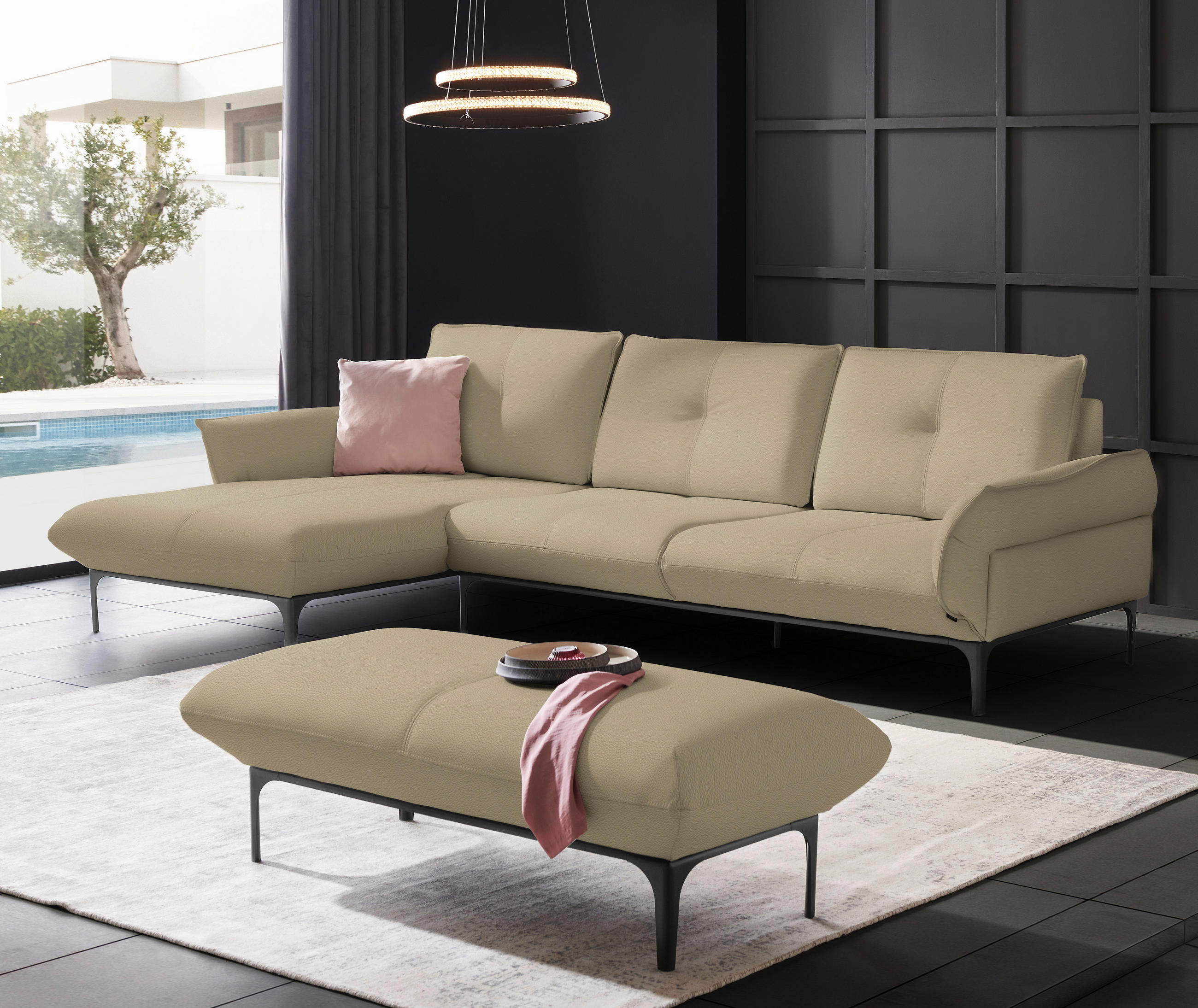 ECKSOFA in Echtleder Beige  - Beige/Schwarz, Design, Leder/Metall (182/325cm) - Valnatura