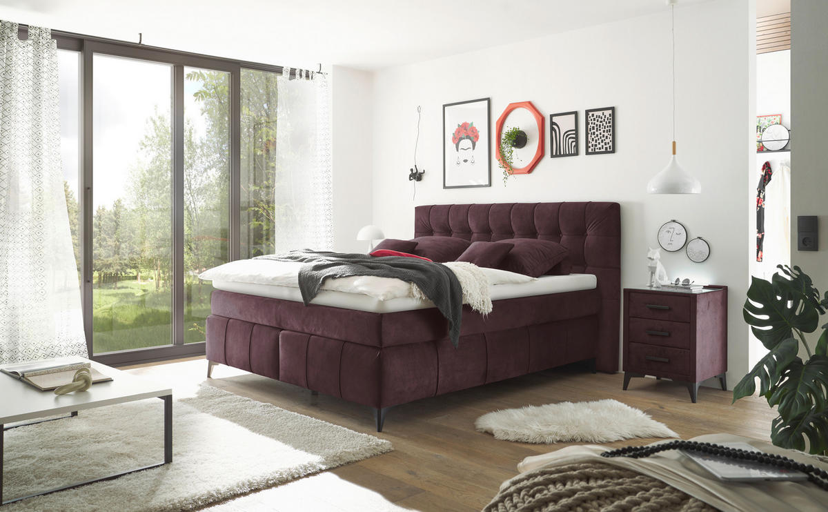 BOXSPRINGBETT 180/200 cm  in Aubergine  - Aubergine/Schwarz, KONVENTIONELL, Kunststoff/Textil (180/200cm) - Modante
