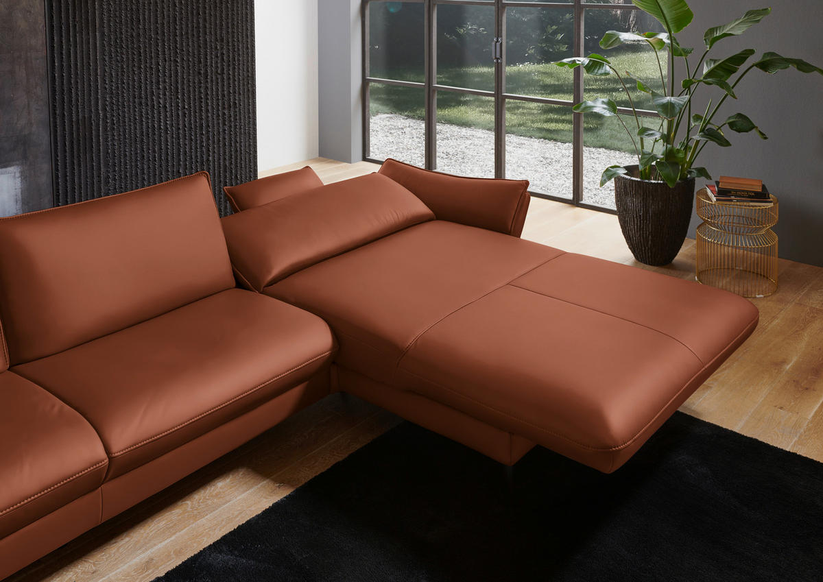 ECKSOFA in Echtleder Cognac  - Cognac/Schwarz, Design, Leder/Metall (334/172cm) - Valdera