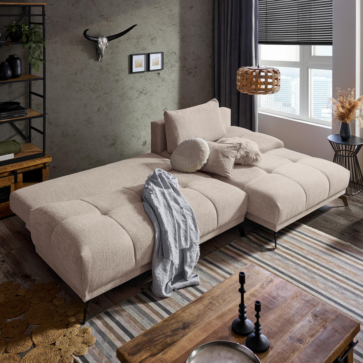 ECKSOFA in Chenille Greige  - Greige/Schwarz, Modern, Textil/Metall (290/182cm) - Hom`in