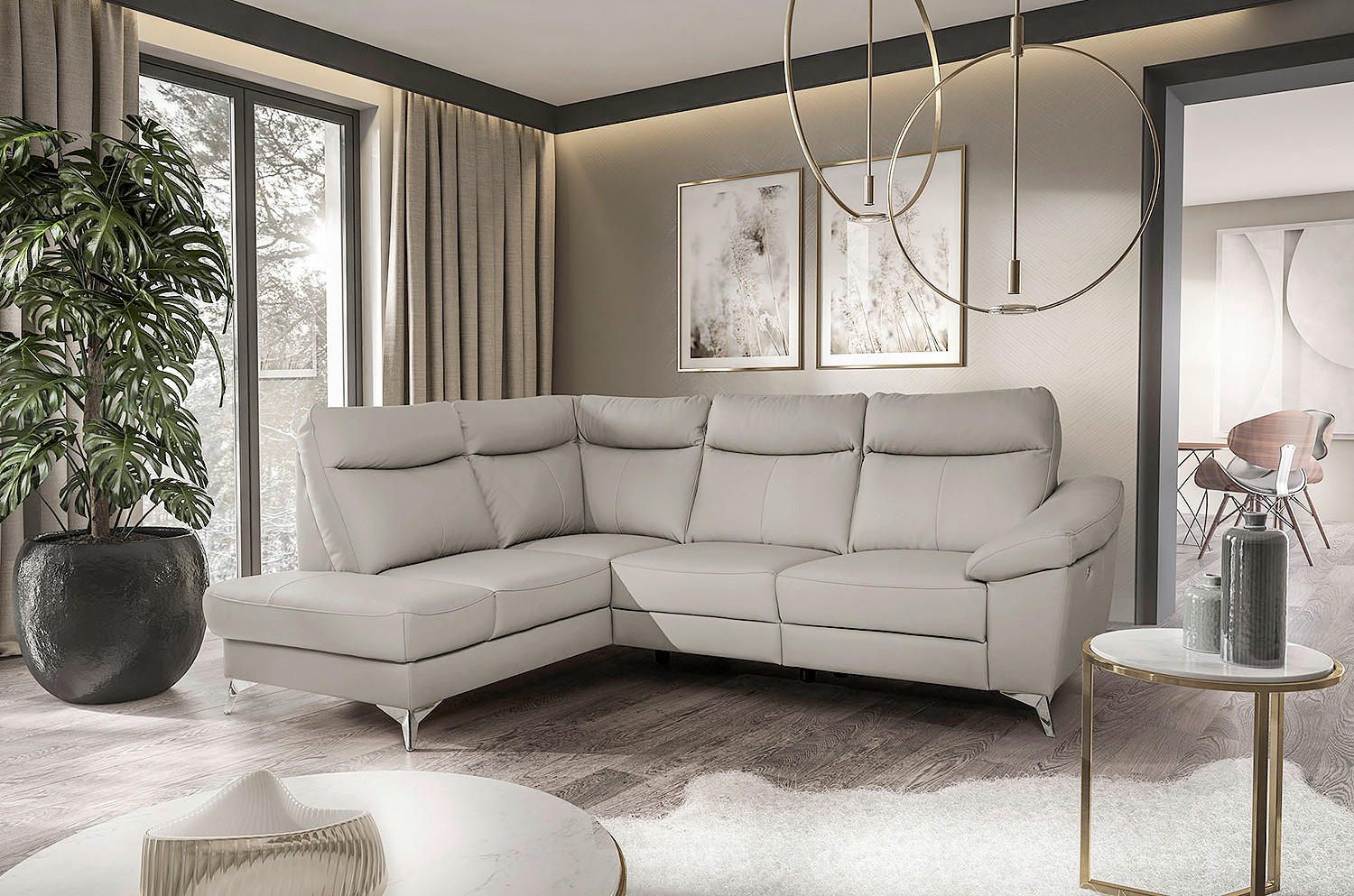 ECKSOFA Platinfarben Echtleder Lederlook  - Platinfarben/Chromfarben, Design, Leder/Textil (194cm) - Livetastic